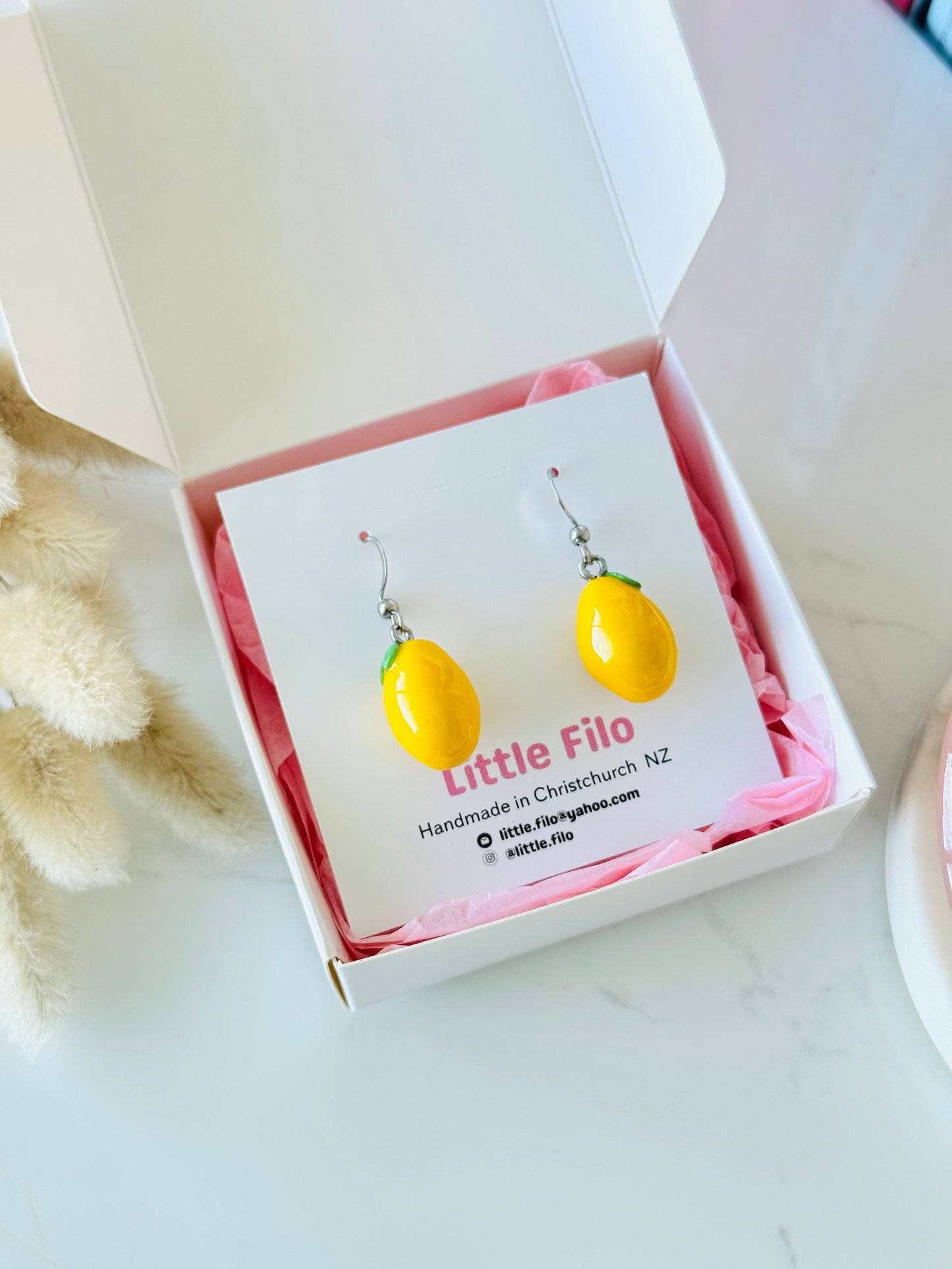 Handmade polymer clay lemon earrings, cute fruit dangle jewelry NZ