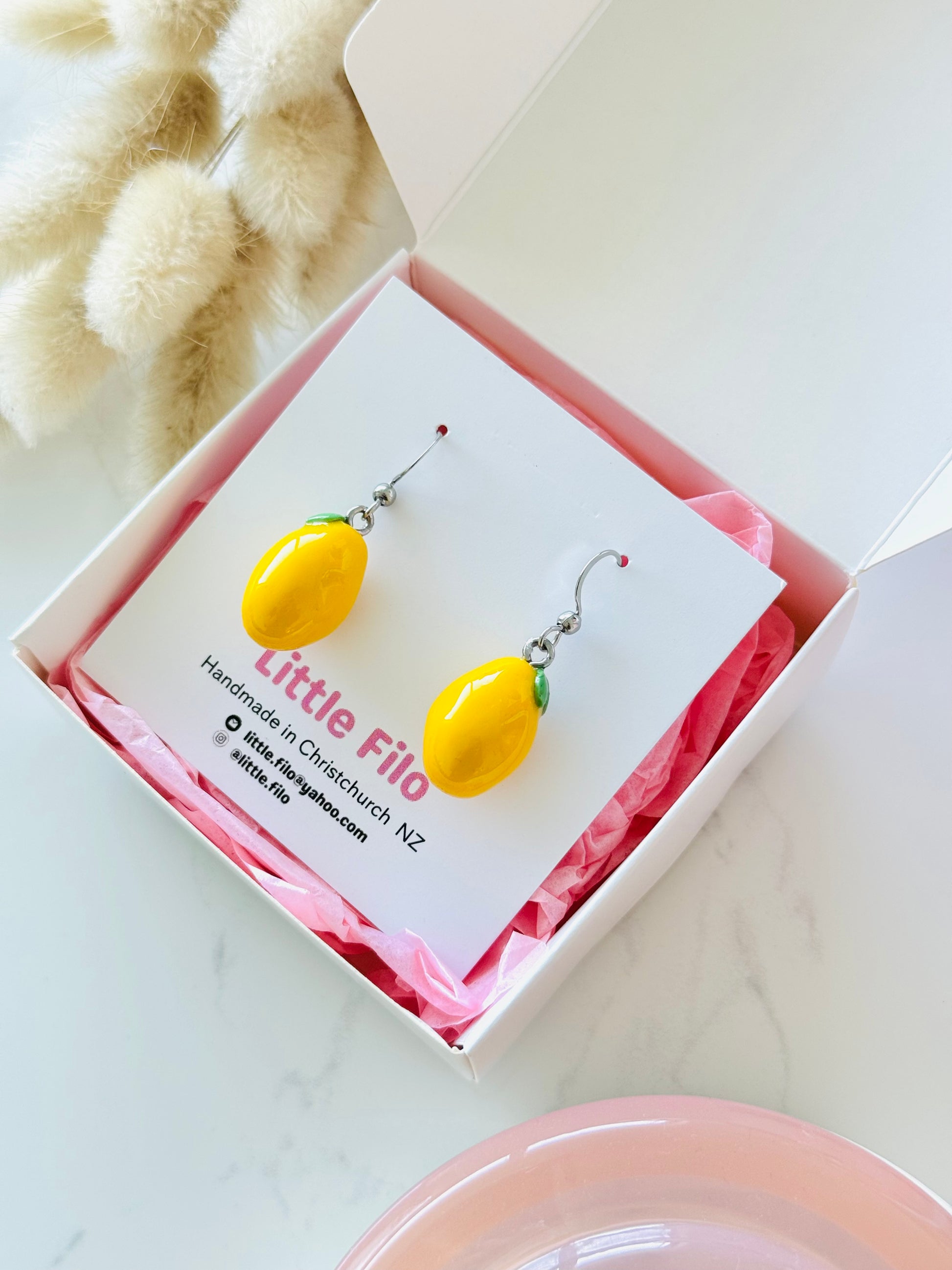 Handmade polymer clay lemon earrings, cute fruit dangle jewelry NZ