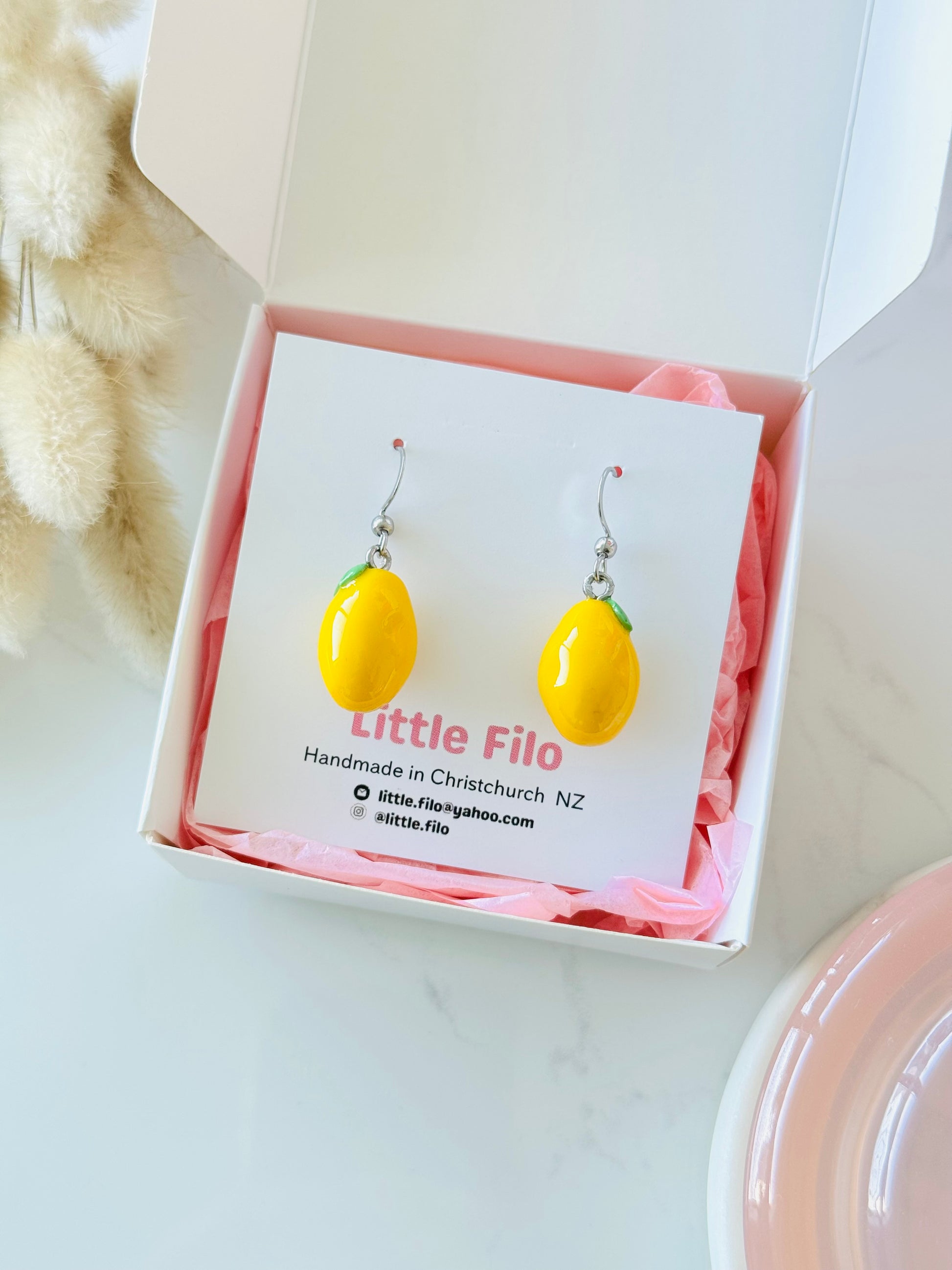 Handmade polymer clay lemon earrings, cute fruit dangle jewelry NZ
