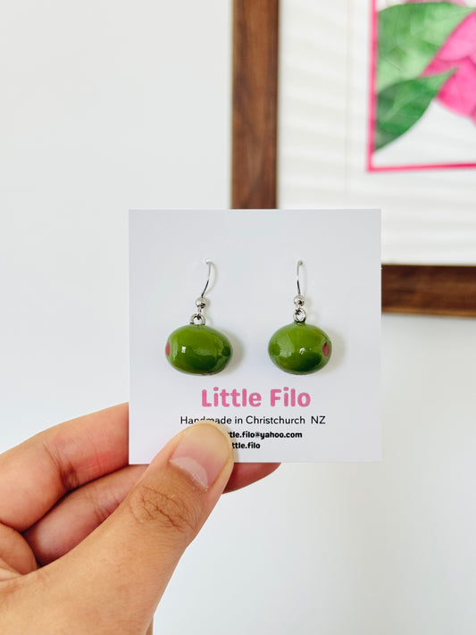 Handmade polymer clay olive earrings, Mediterranean foodie jewelry NZ