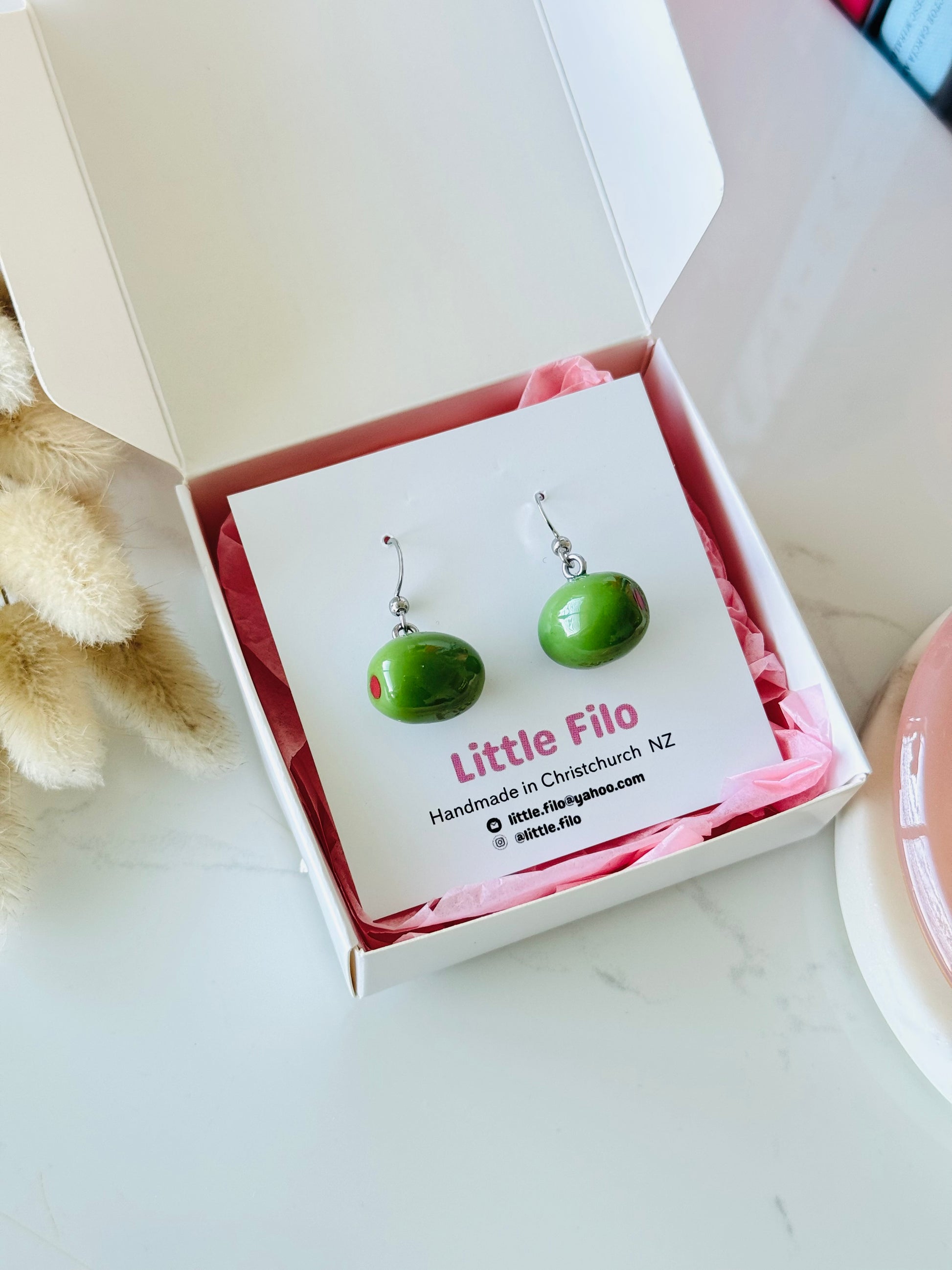 Handmade polymer clay olive earrings, Mediterranean foodie jewelry NZ