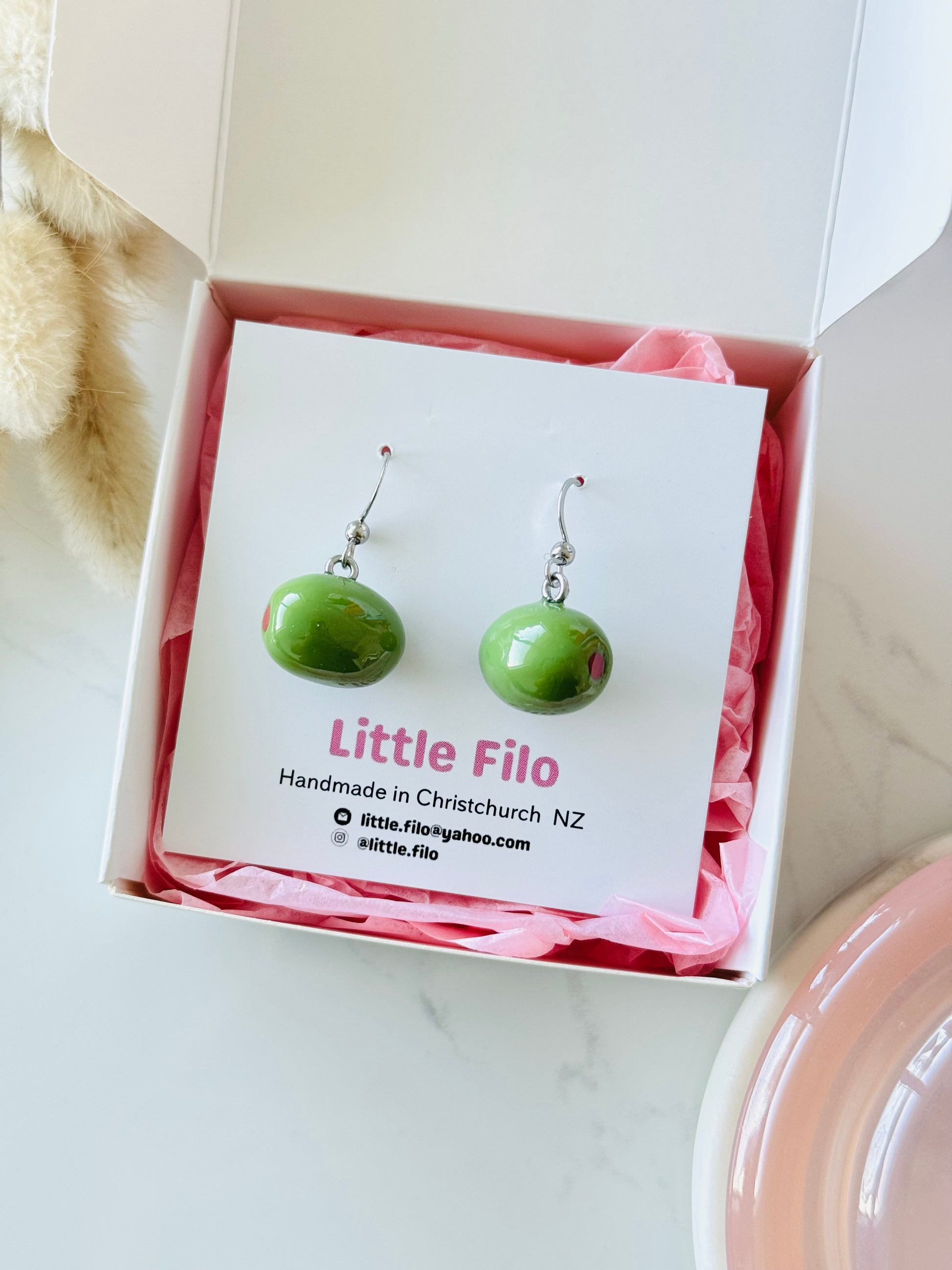 Handmade polymer clay olive earrings, Mediterranean foodie jewelry NZ
