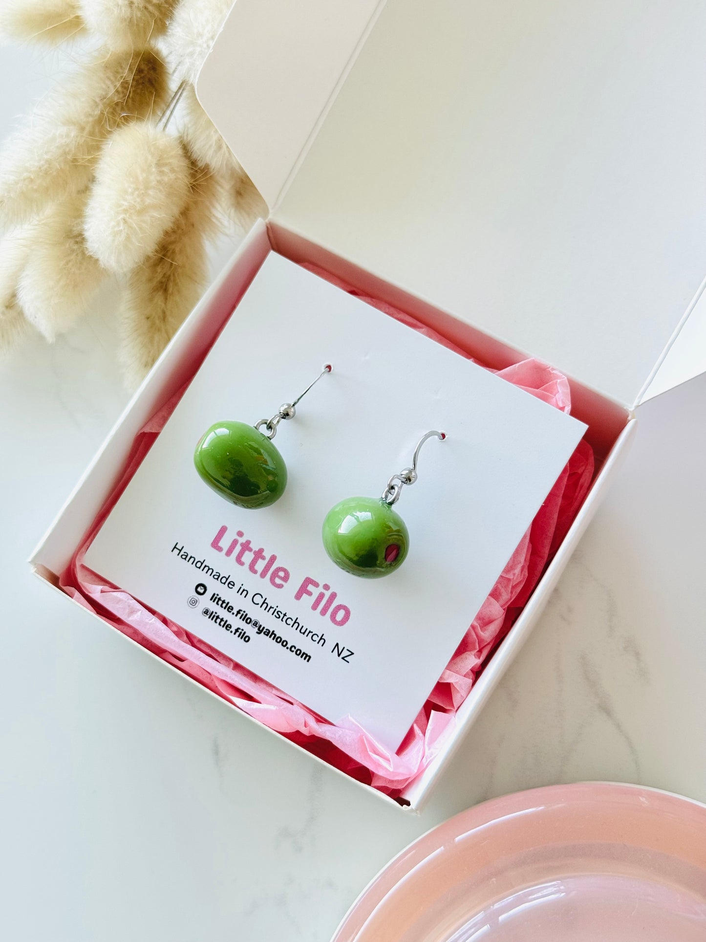 Handmade polymer clay olive earrings, Mediterranean foodie jewelry NZ
