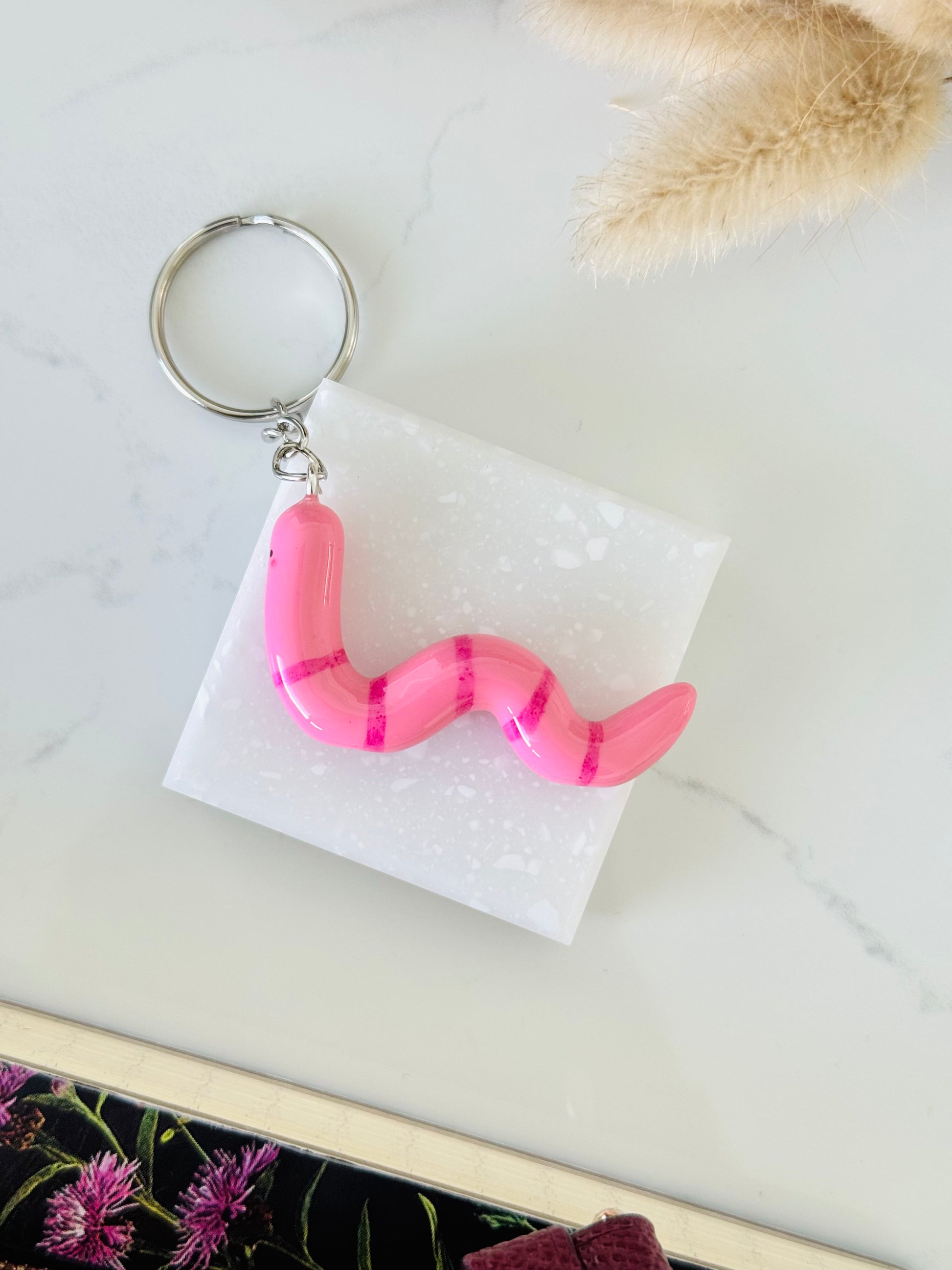 Handmade polymer clay pink worm keyring for keys and bags NZ