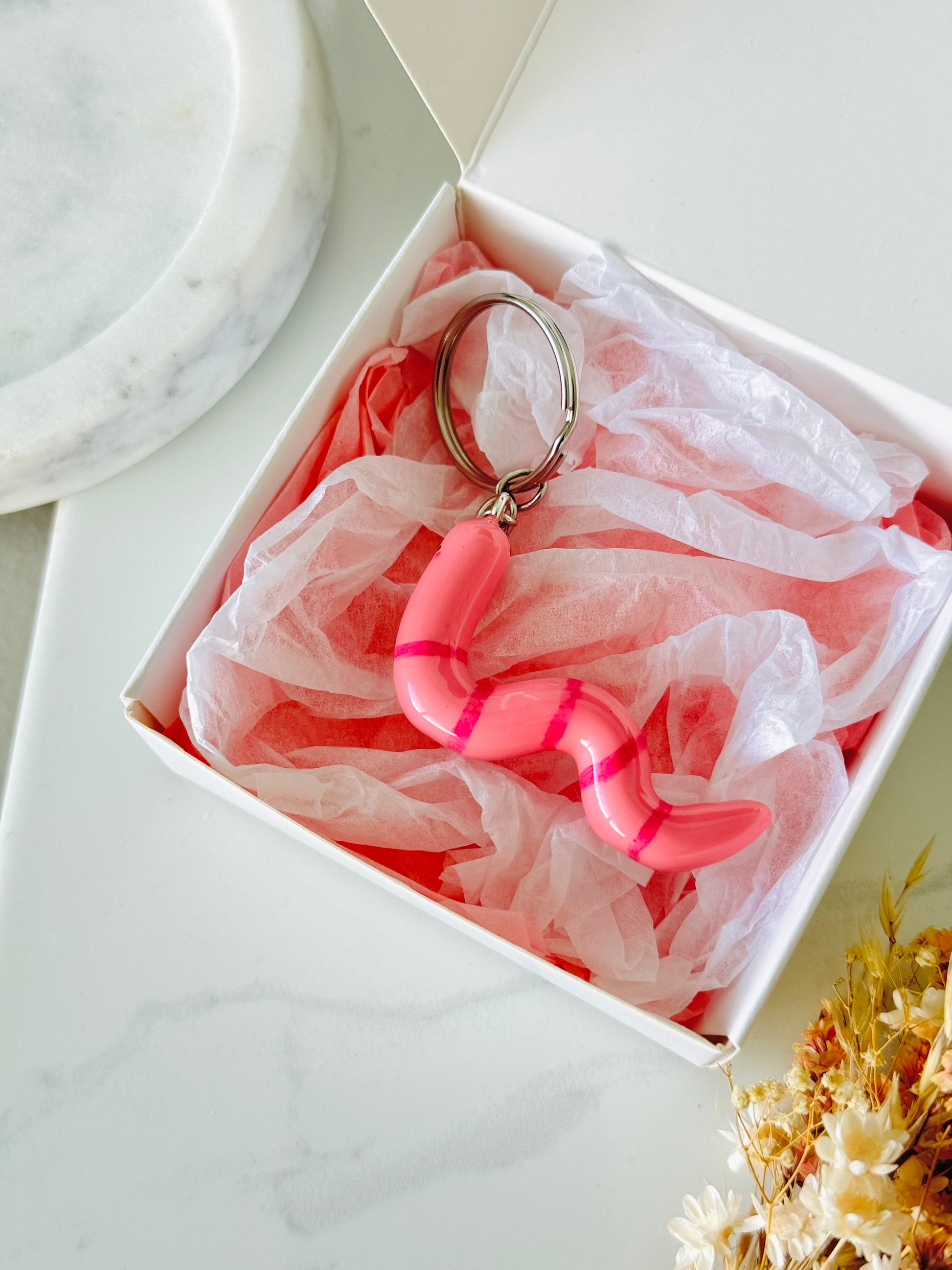 Handmade polymer clay pink worm keyring for keys and bags NZ