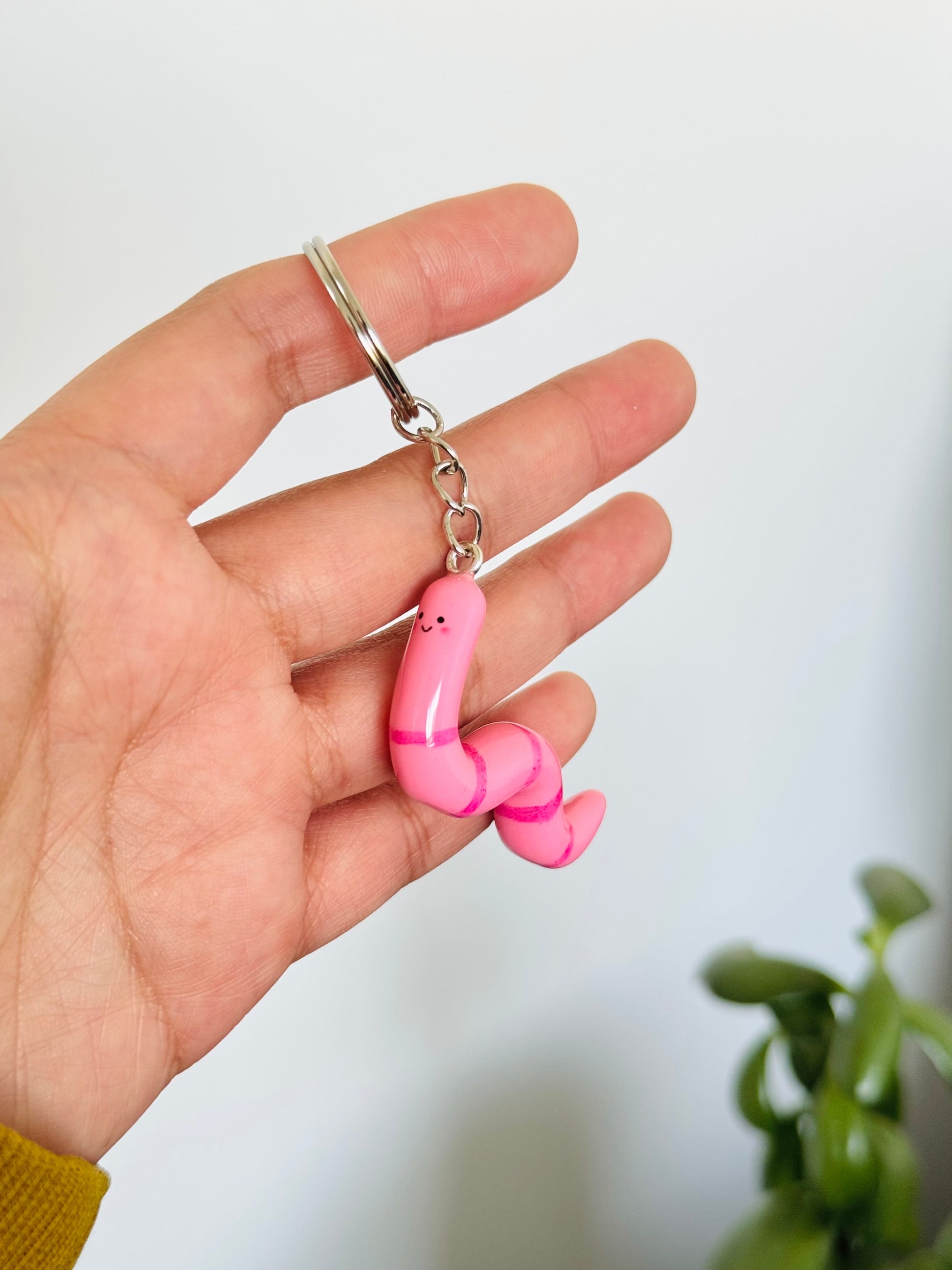 Handmade polymer clay pink worm keyring for keys and bags NZ