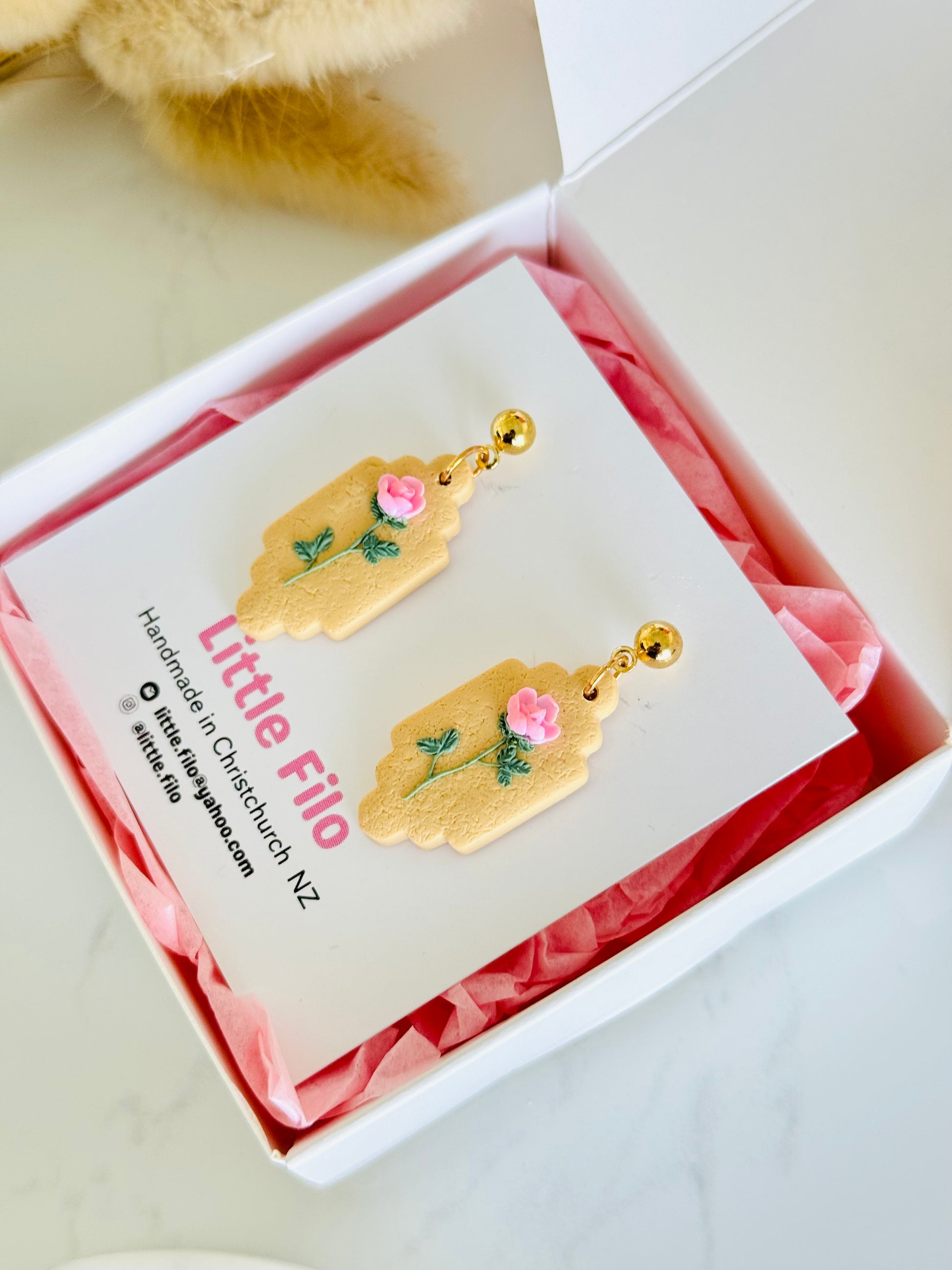 Handmade polymer clay rose earrings, cute floral jewelry NZ
