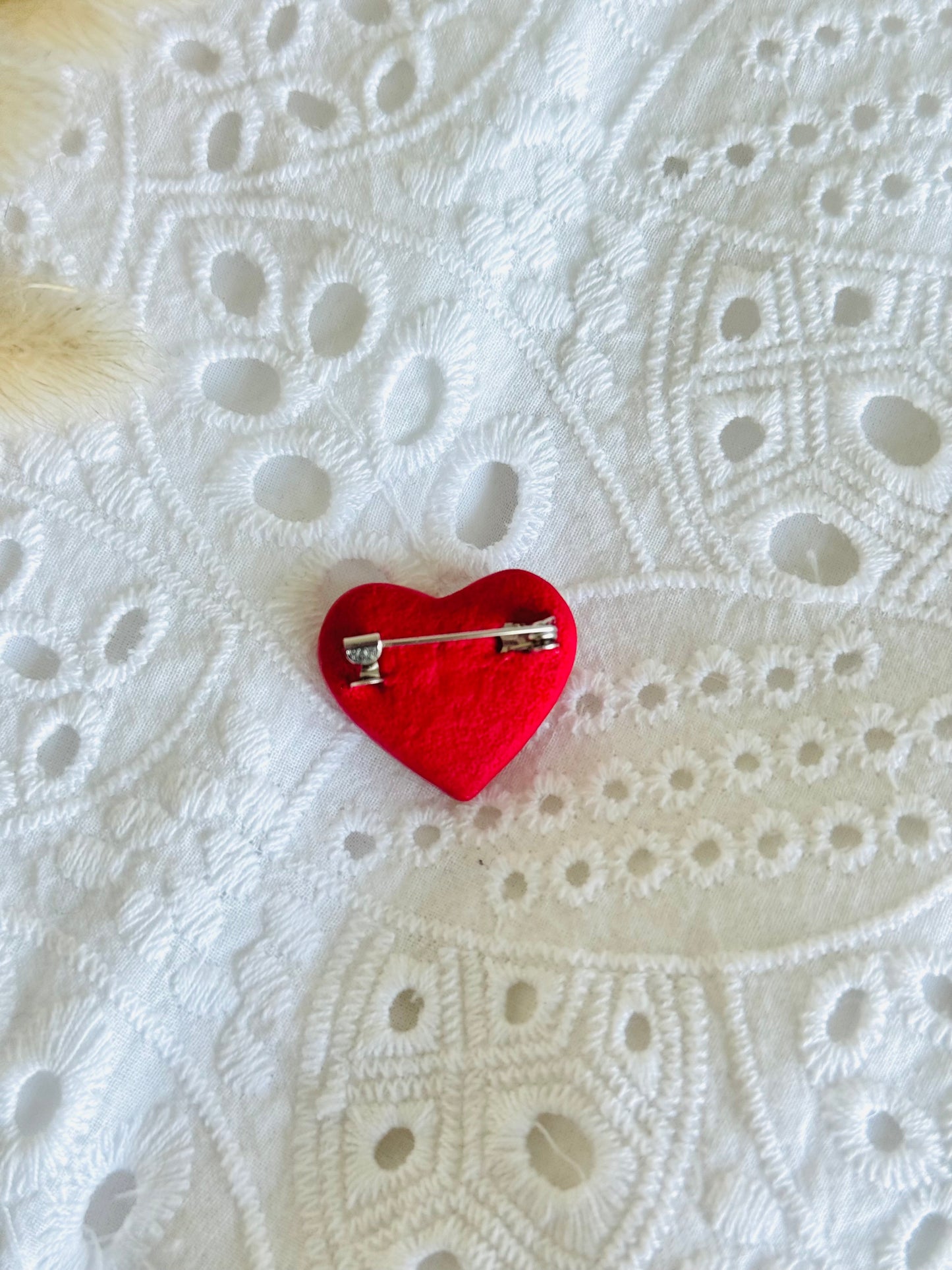Handmade polymer clay heart brooch pin for jackets, bags, and accessories