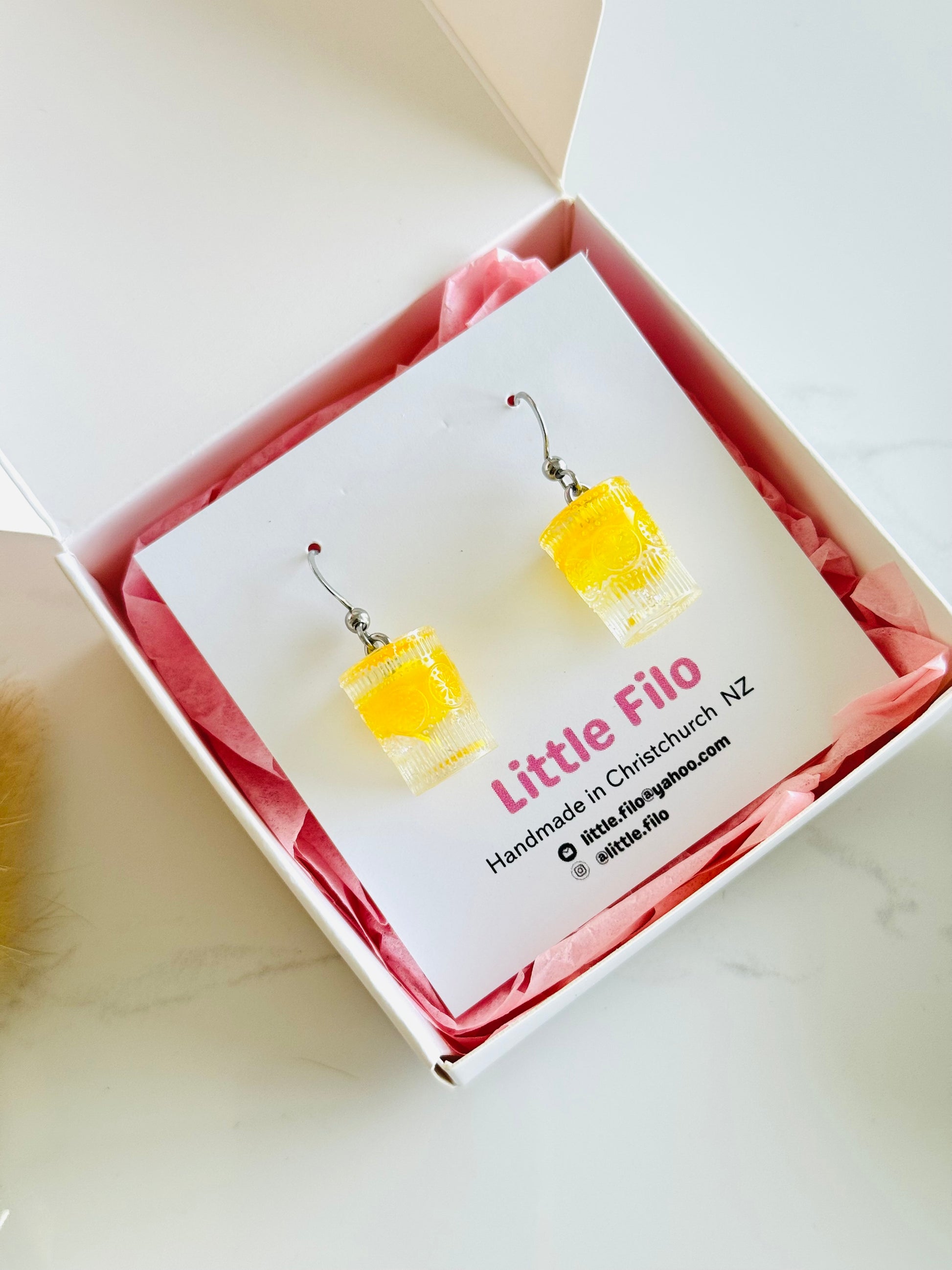 Handmade polymer clay and resin limoncello glass and lemon earrings NZ