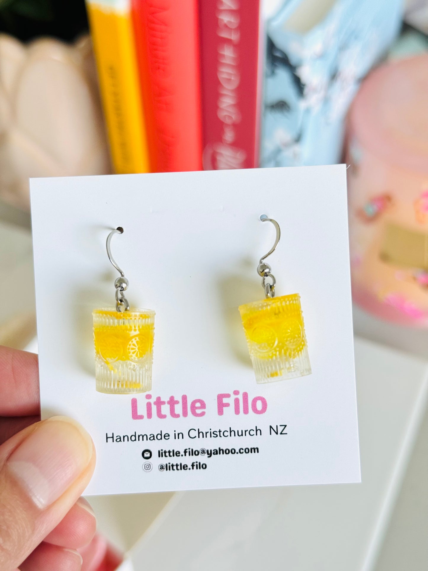 Handmade polymer clay and resin limoncello glass and lemon earrings NZ