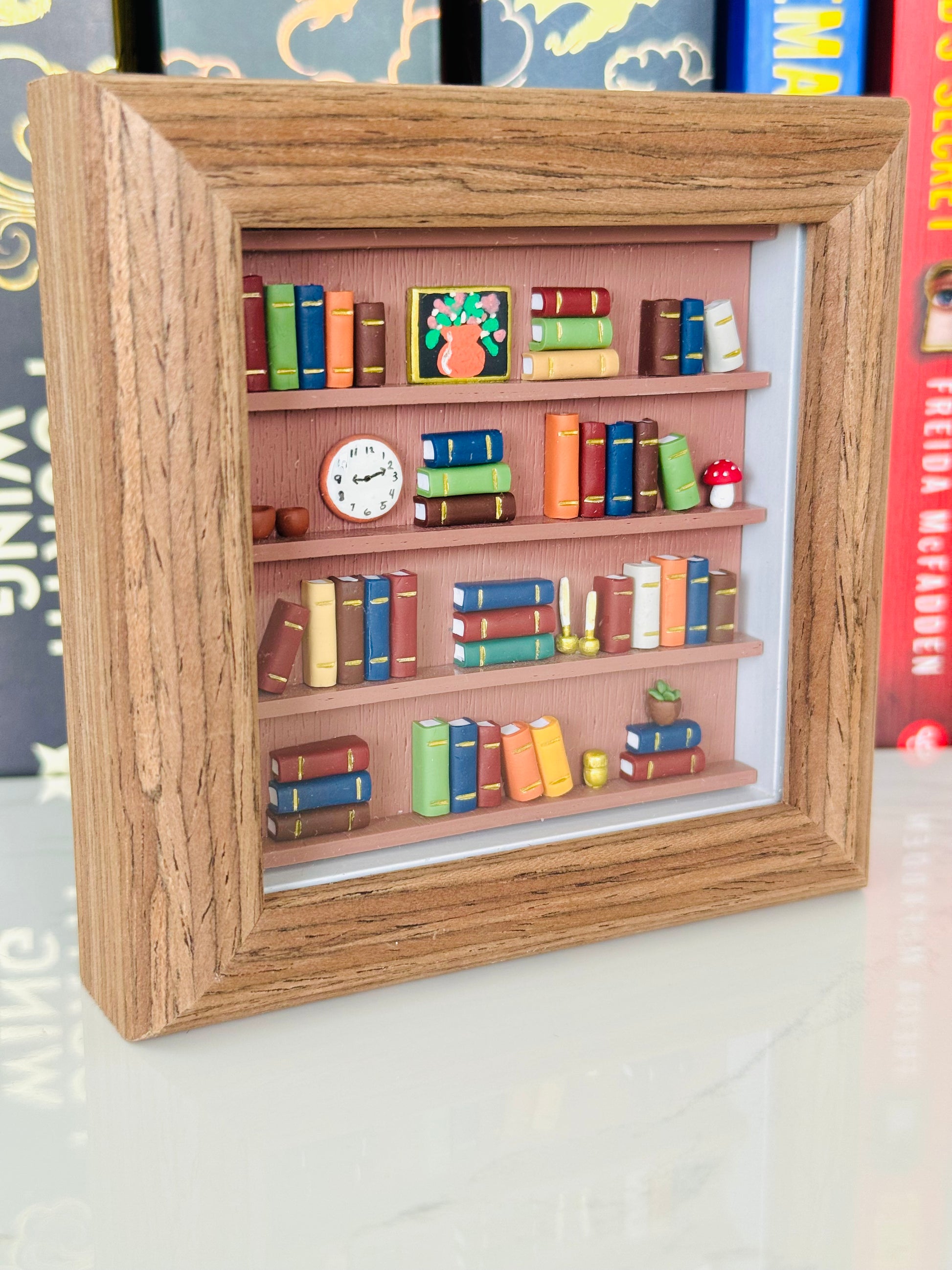 Handmade miniature books polymer clay art framed for wall or desk decor NZ