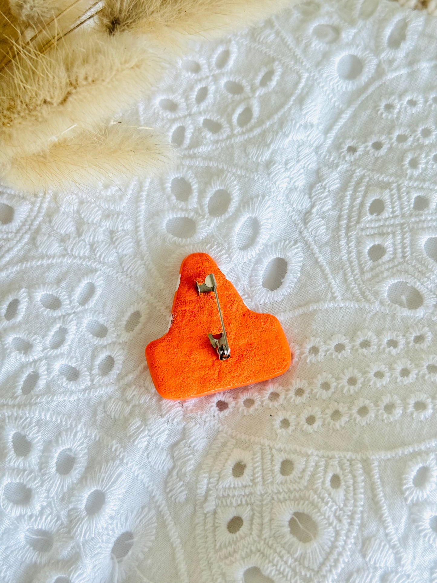 Handmade New Zealand polymer clay road cone brooch pin for jackets, bags, and accessories