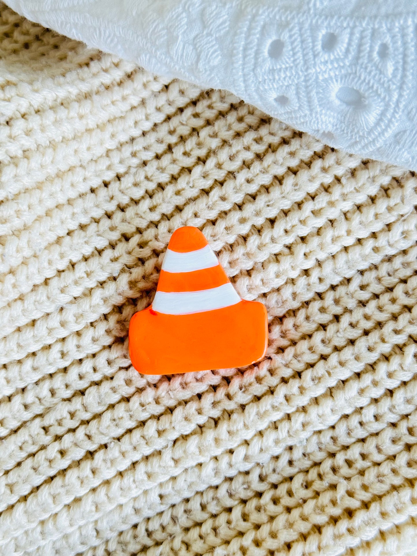 Handmade New Zealand polymer clay road cone brooch pin for jackets, bags, and accessories