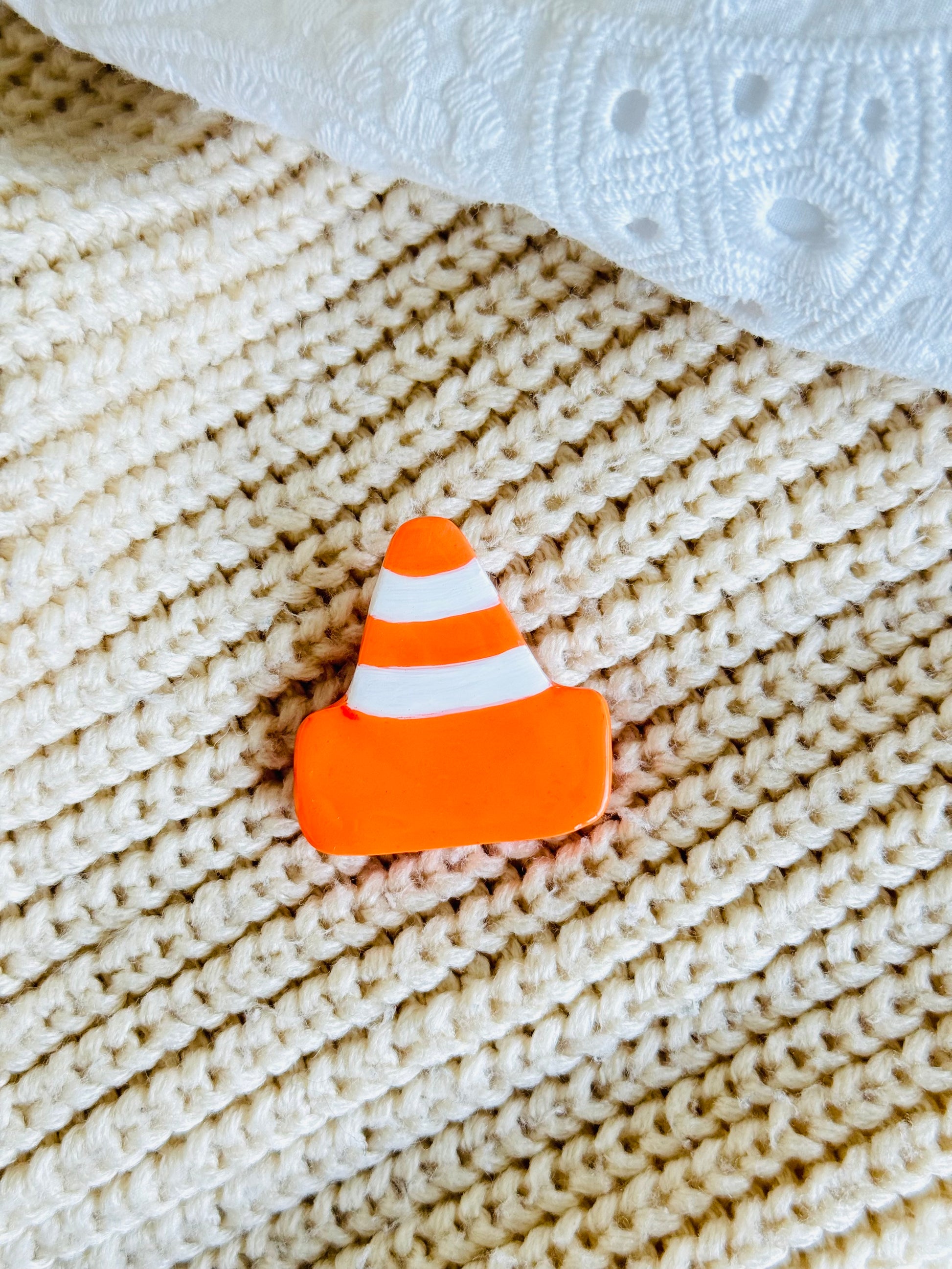 Handmade New Zealand polymer clay road cone brooch pin for jackets, bags, and accessories