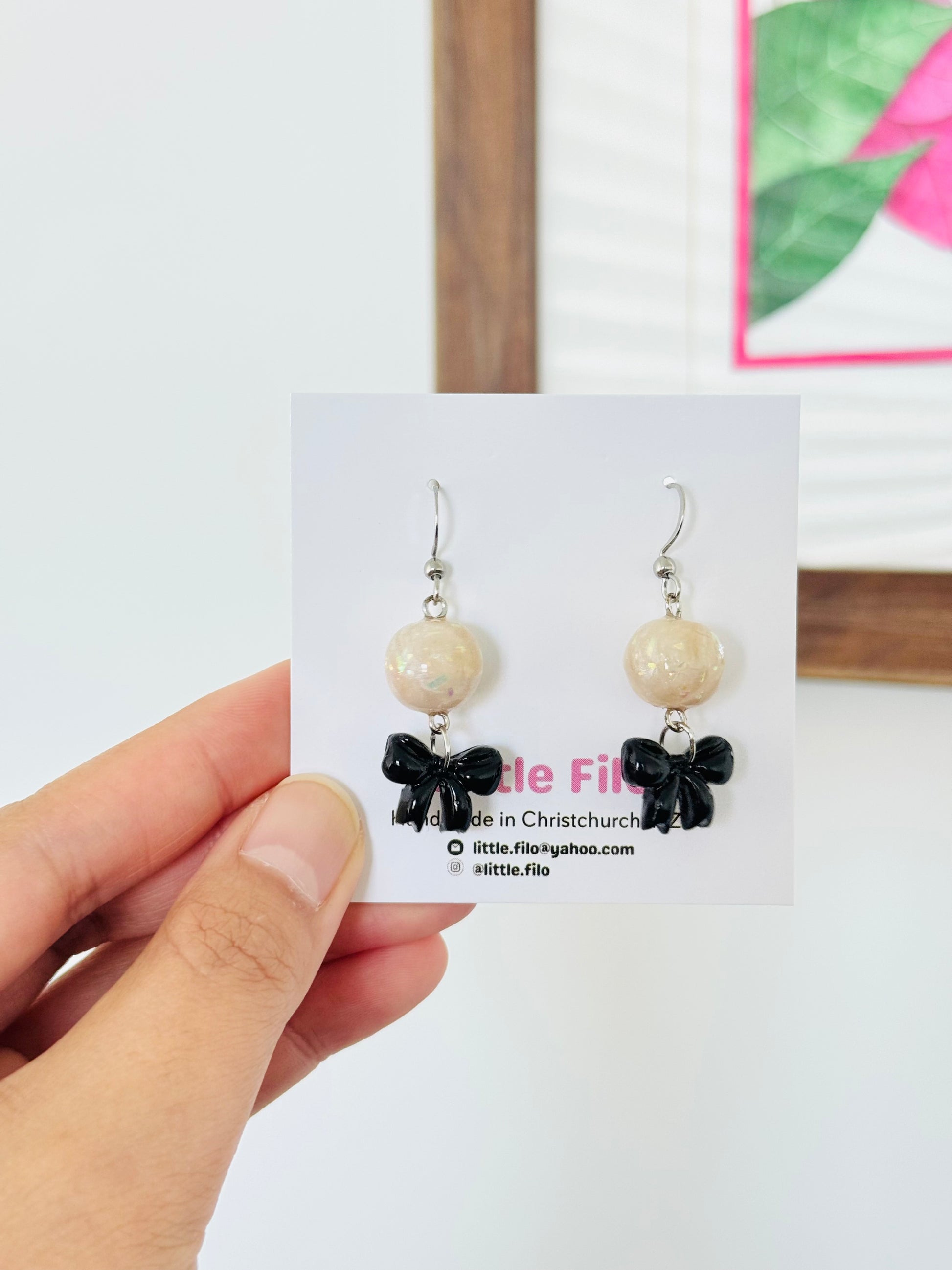 Elegant ribbon and pearl-inspired earrings, kawaii handmade jewelry