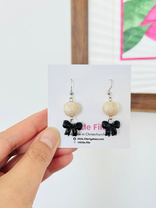 Elegant ribbon and pearl-inspired earrings, kawaii handmade jewelry