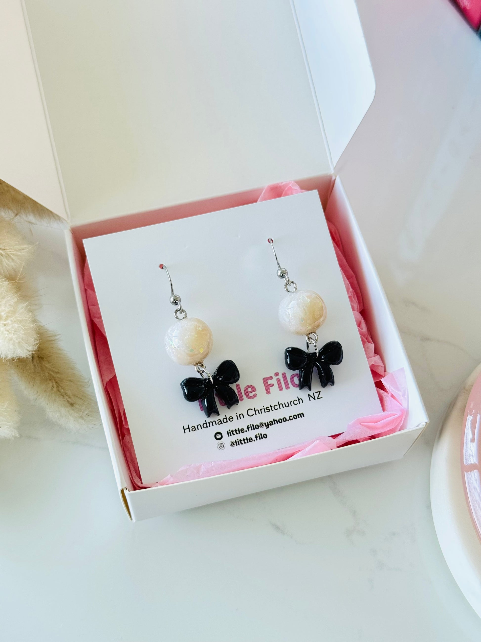 Elegant ribbon and pearl-inspired earrings, kawaii handmade jewelry