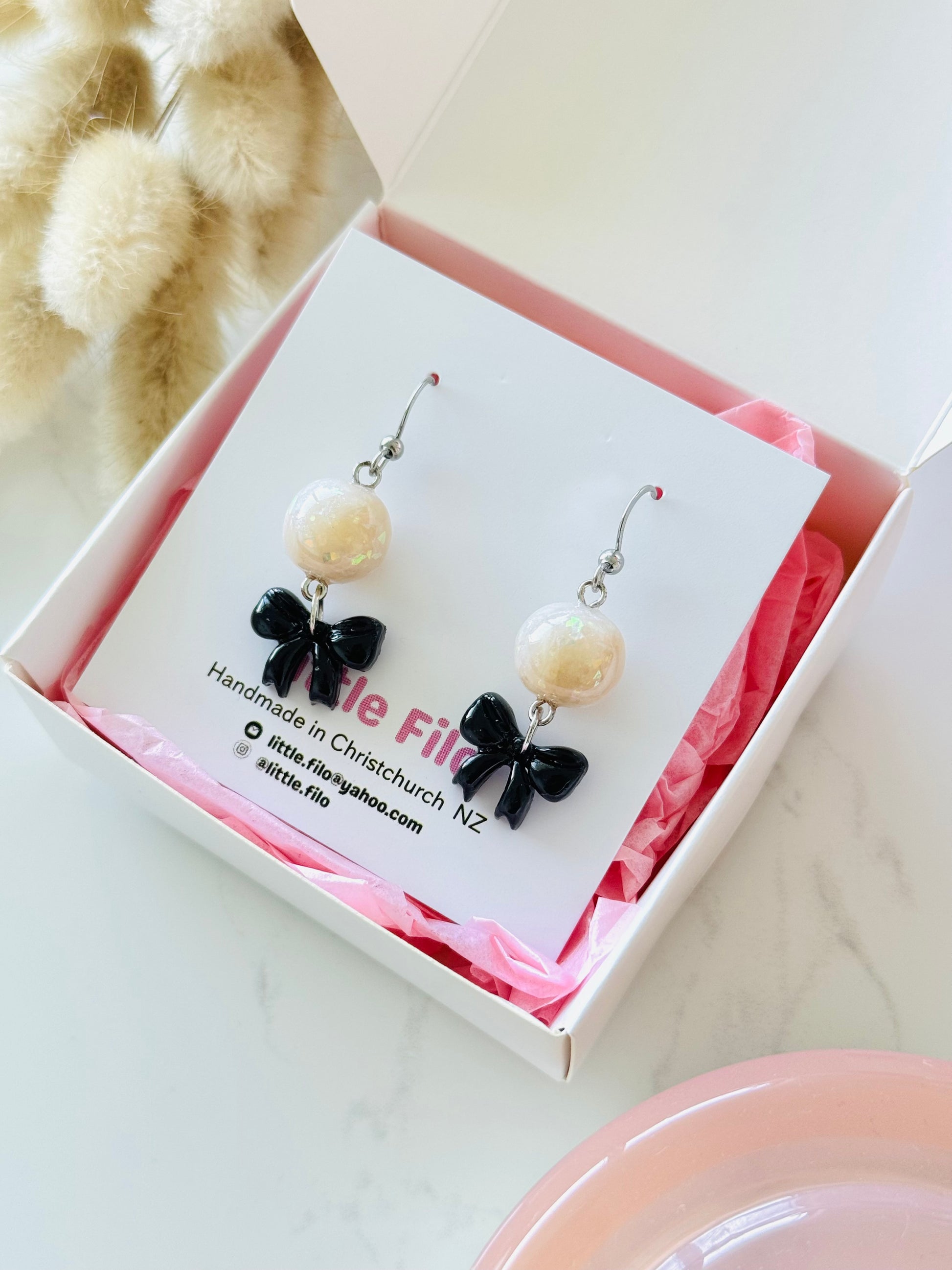 Elegant ribbon and pearl-inspired earrings, kawaii handmade jewelry