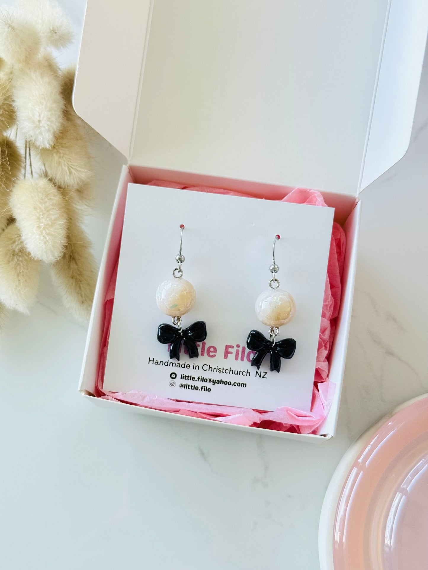 Elegant ribbon and pearl-inspired earrings, kawaii handmade jewelry