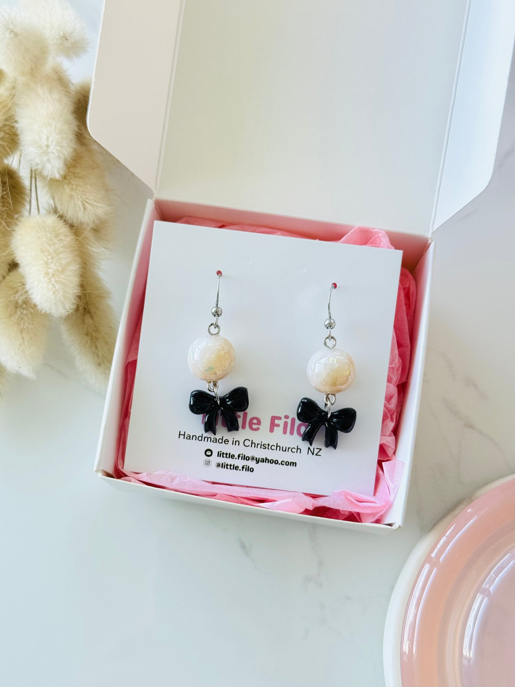 Elegant ribbon and pearl-inspired earrings, kawaii handmade jewelry