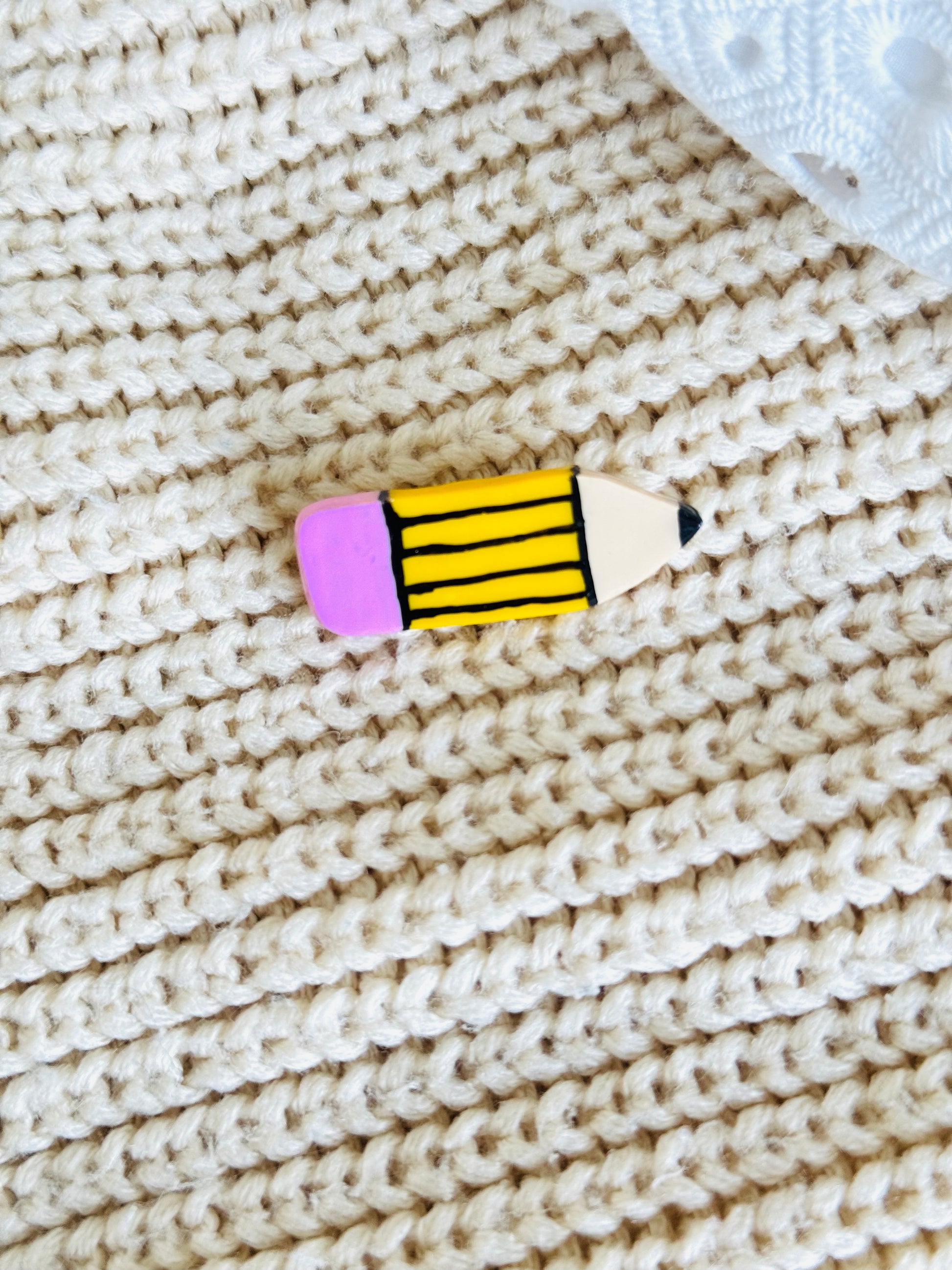 Handmade polymer clay pencil brooch, quirky stationery pin gift for teachers and students