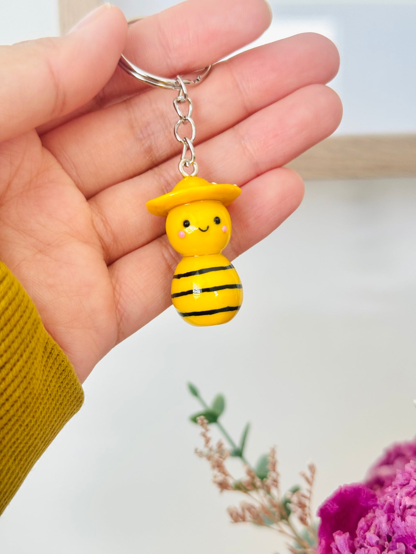 Handmade polymer clay bee keyring for keys and bags NZ