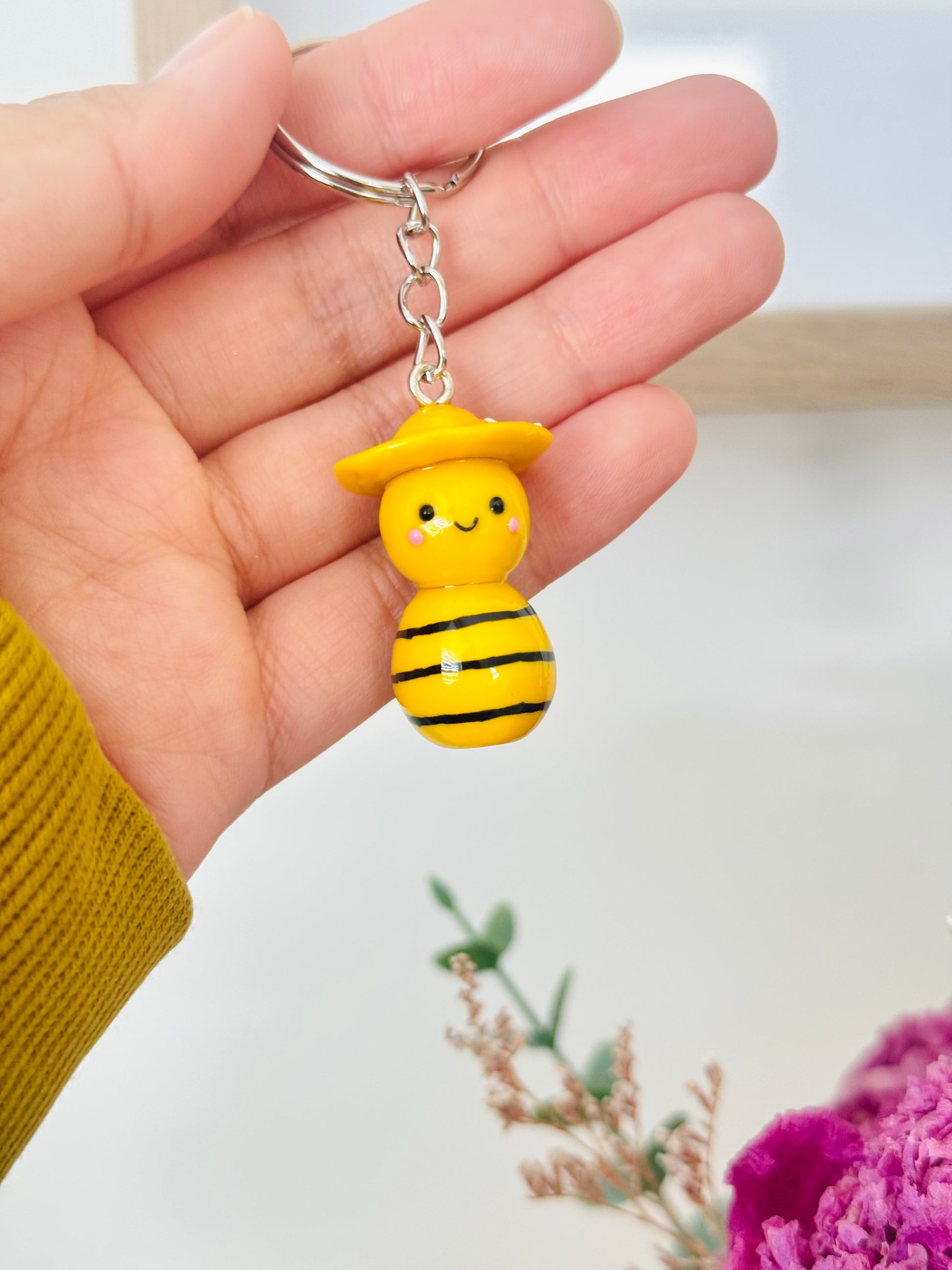 Handmade polymer clay bee keyring for keys and bags NZ