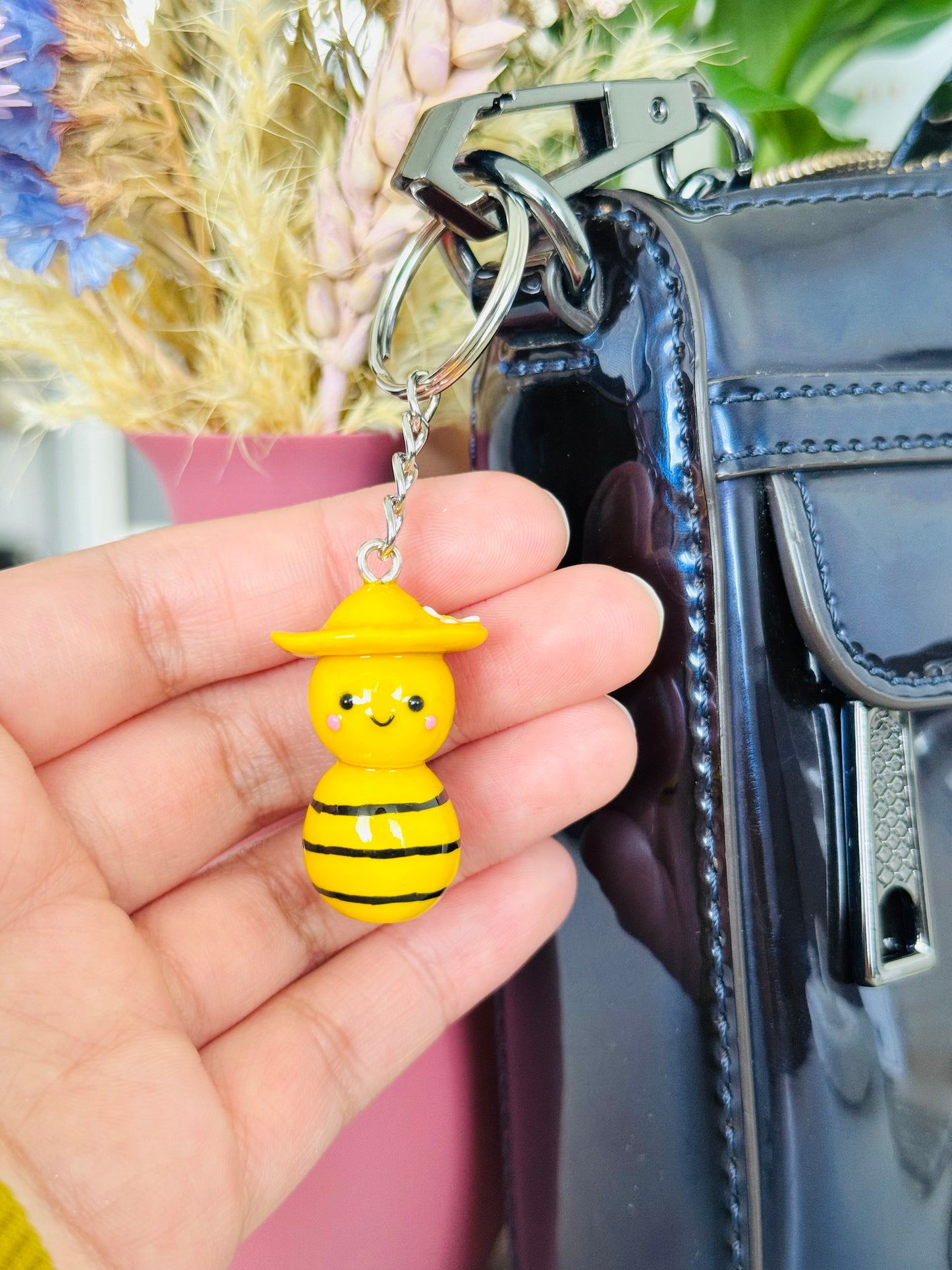 Handmade polymer clay bee keyring for keys and bags NZ