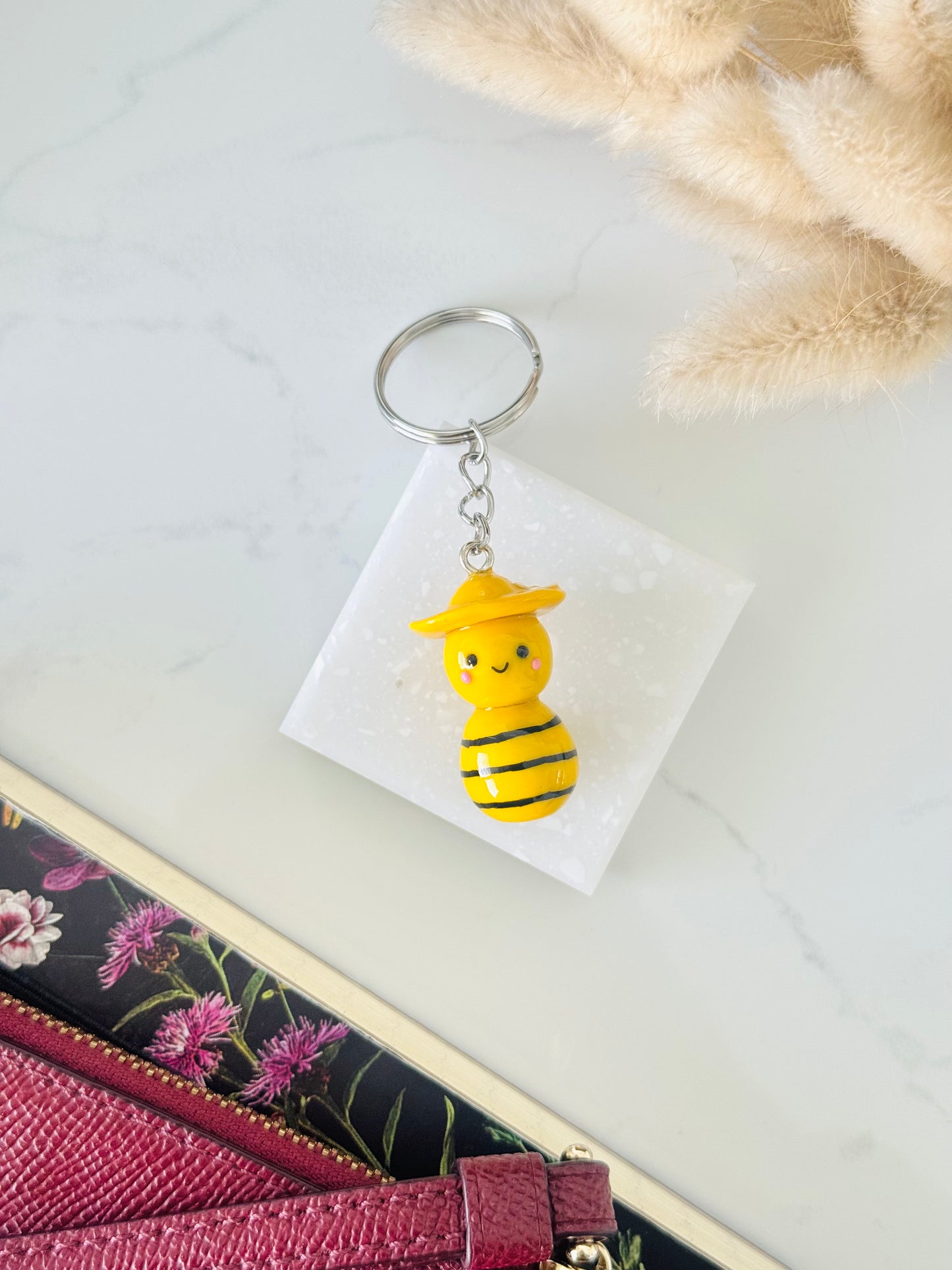 Handmade polymer clay bee keyring for keys and bags NZ