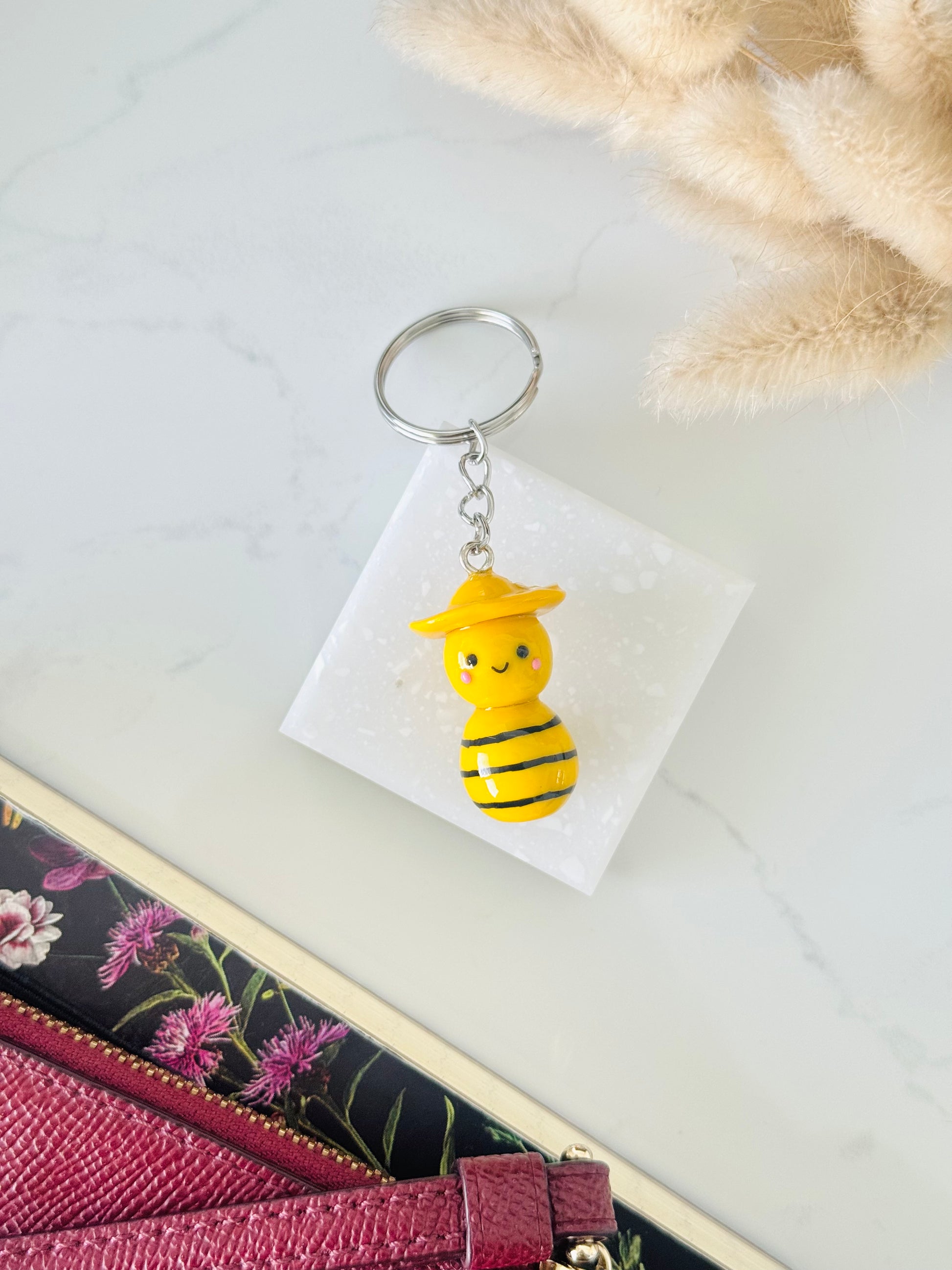Handmade polymer clay bee keyring for keys and bags NZ