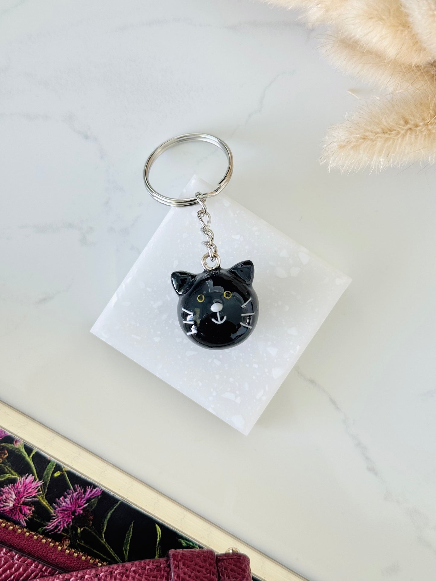 Handmade polymer clay black cat keyring for keys and bags NZ