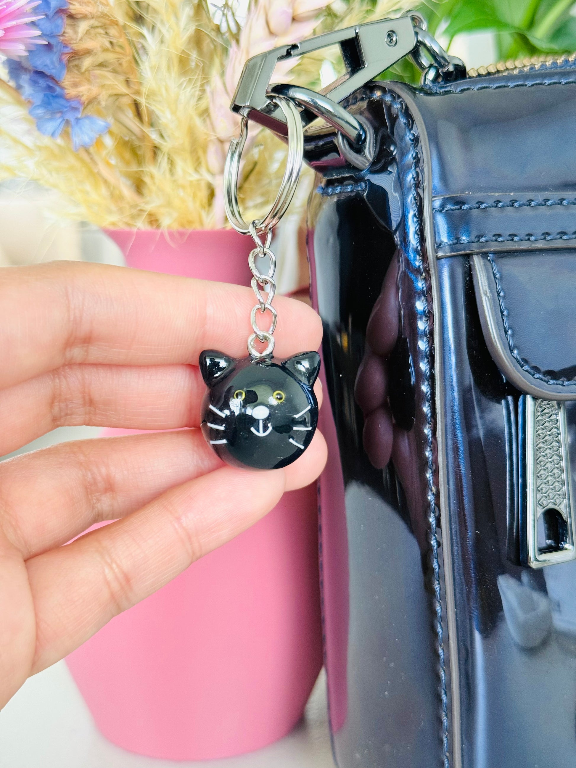 Handmade polymer clay black cat keyring for keys and bags NZ