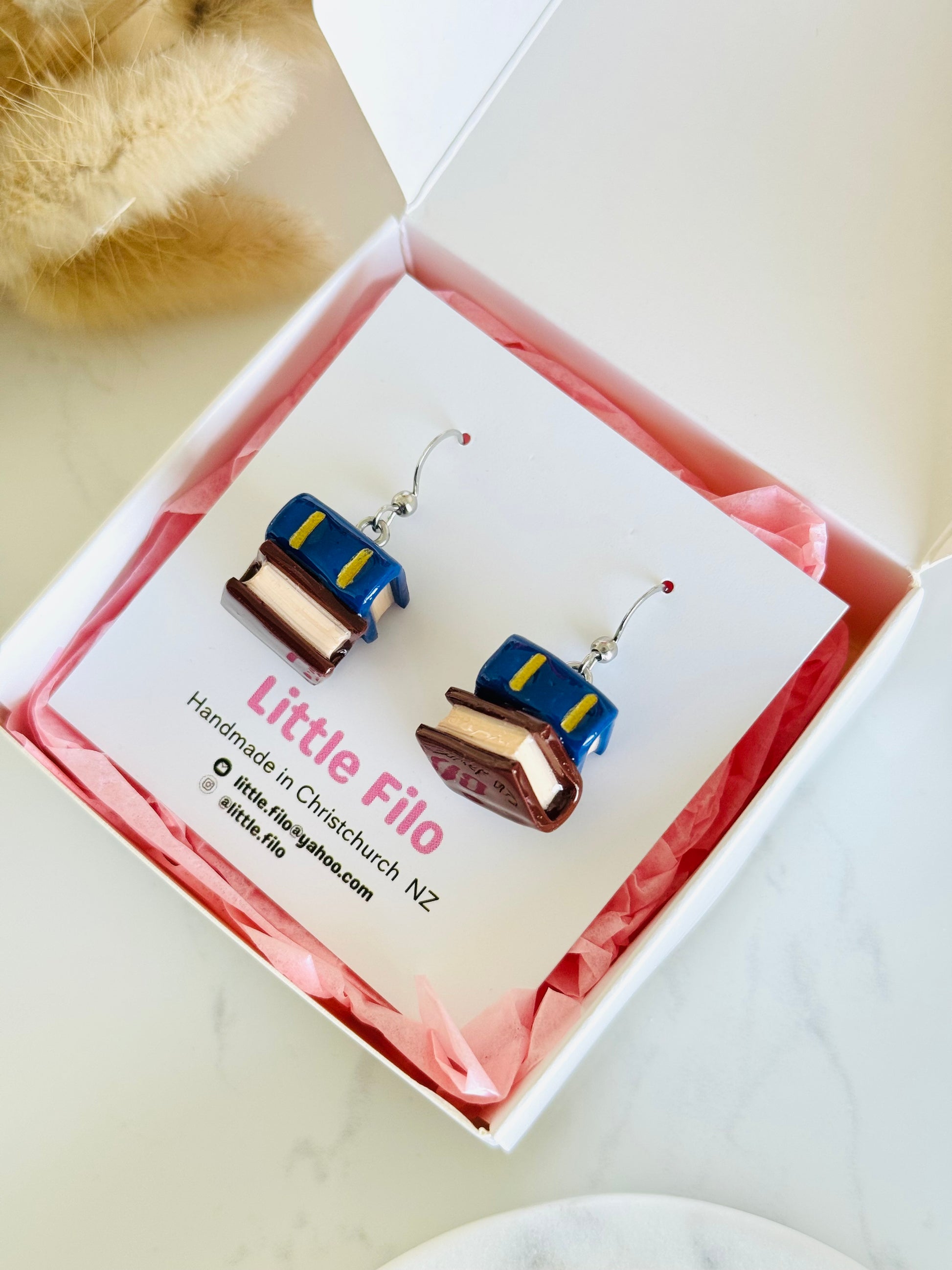 Handmade polymer clay double stack book earrings, cute reader jewelry NZ