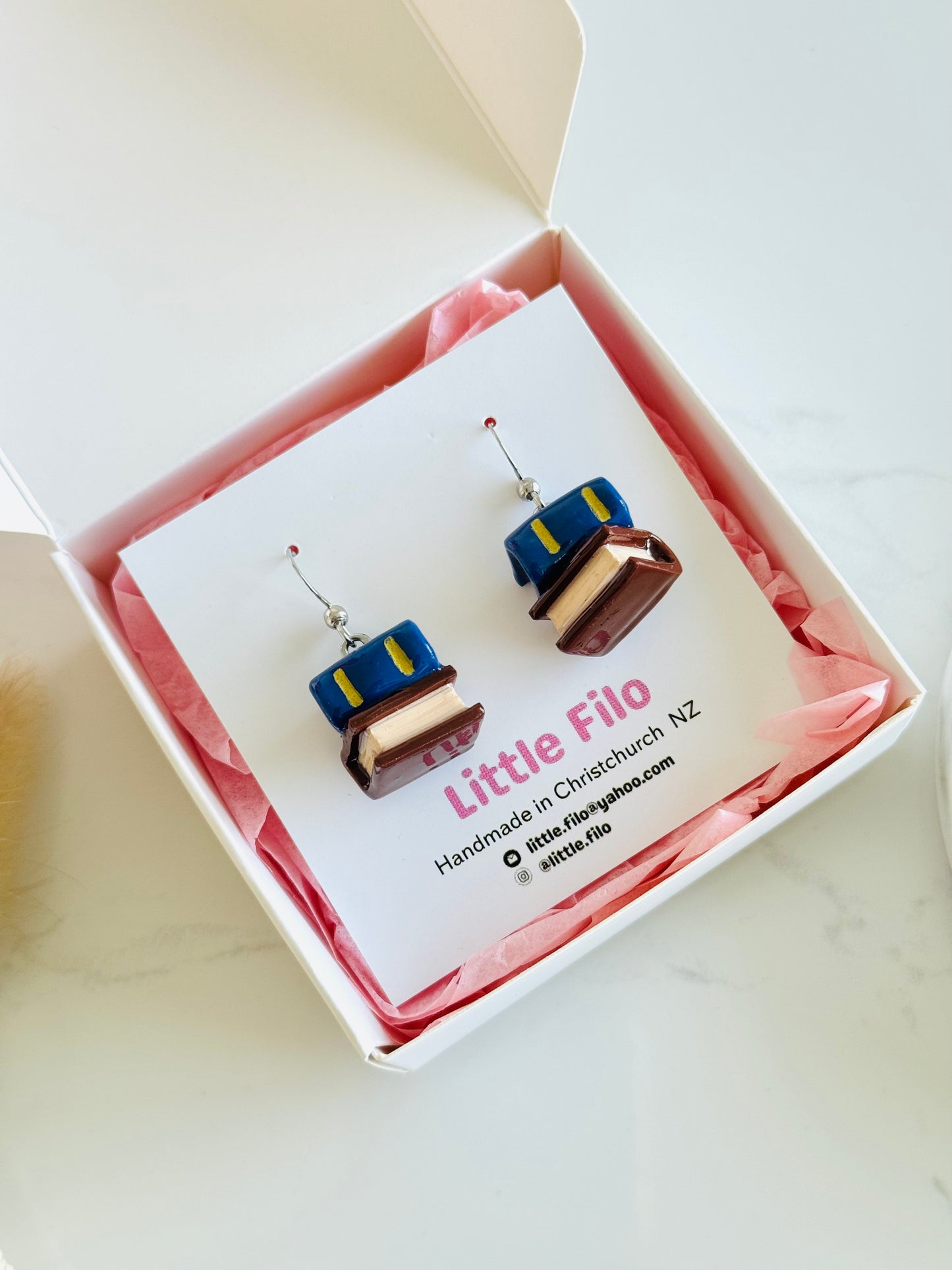 Handmade polymer clay double stack book earrings, cute reader jewelry NZ