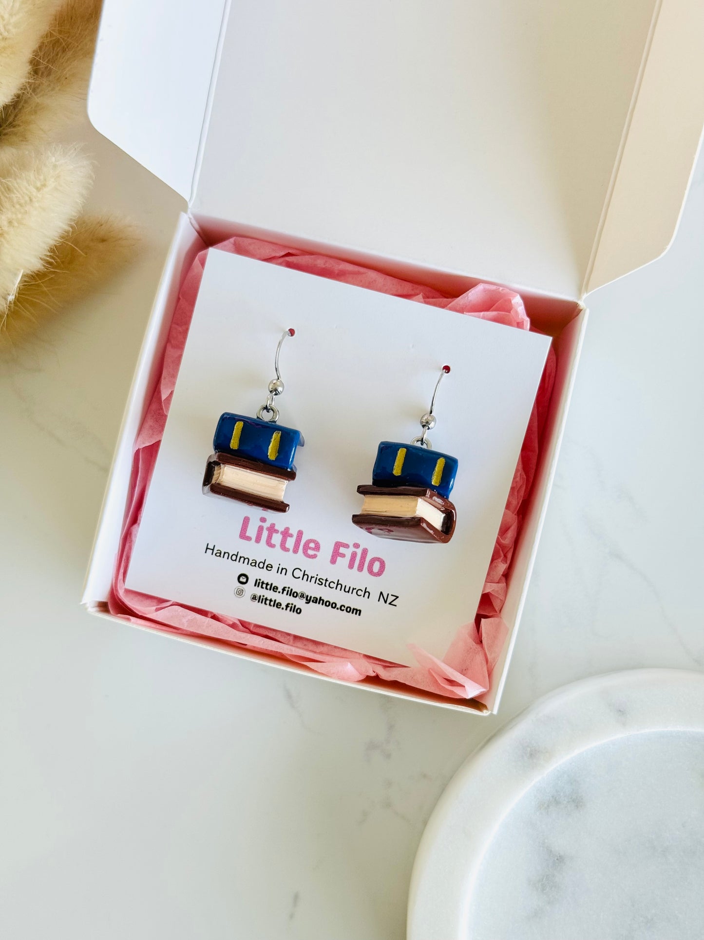 Handmade polymer clay double stack book earrings, cute reader jewelry NZ