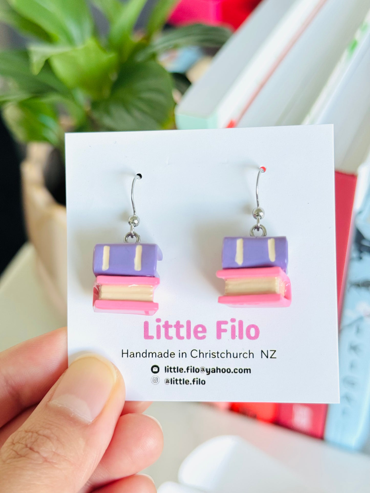 Handmade polymer clay double stack book earrings, cute reader jewelry NZ