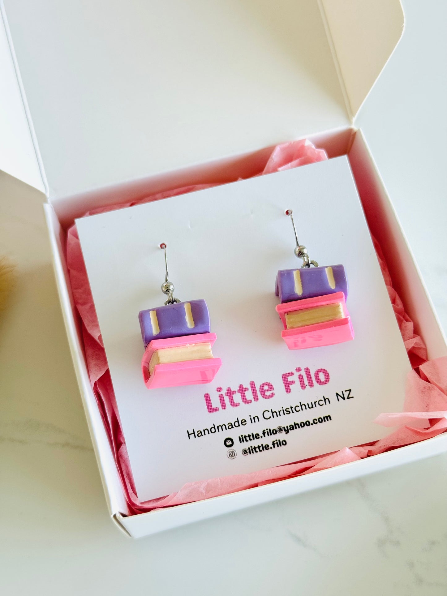 Handmade polymer clay double stack book earrings, cute reader jewelry NZ