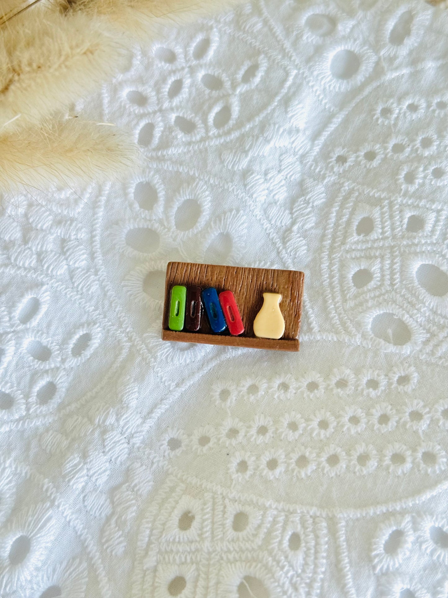 Handmade polymer clay bookshelf brooch, book lover pin NZ