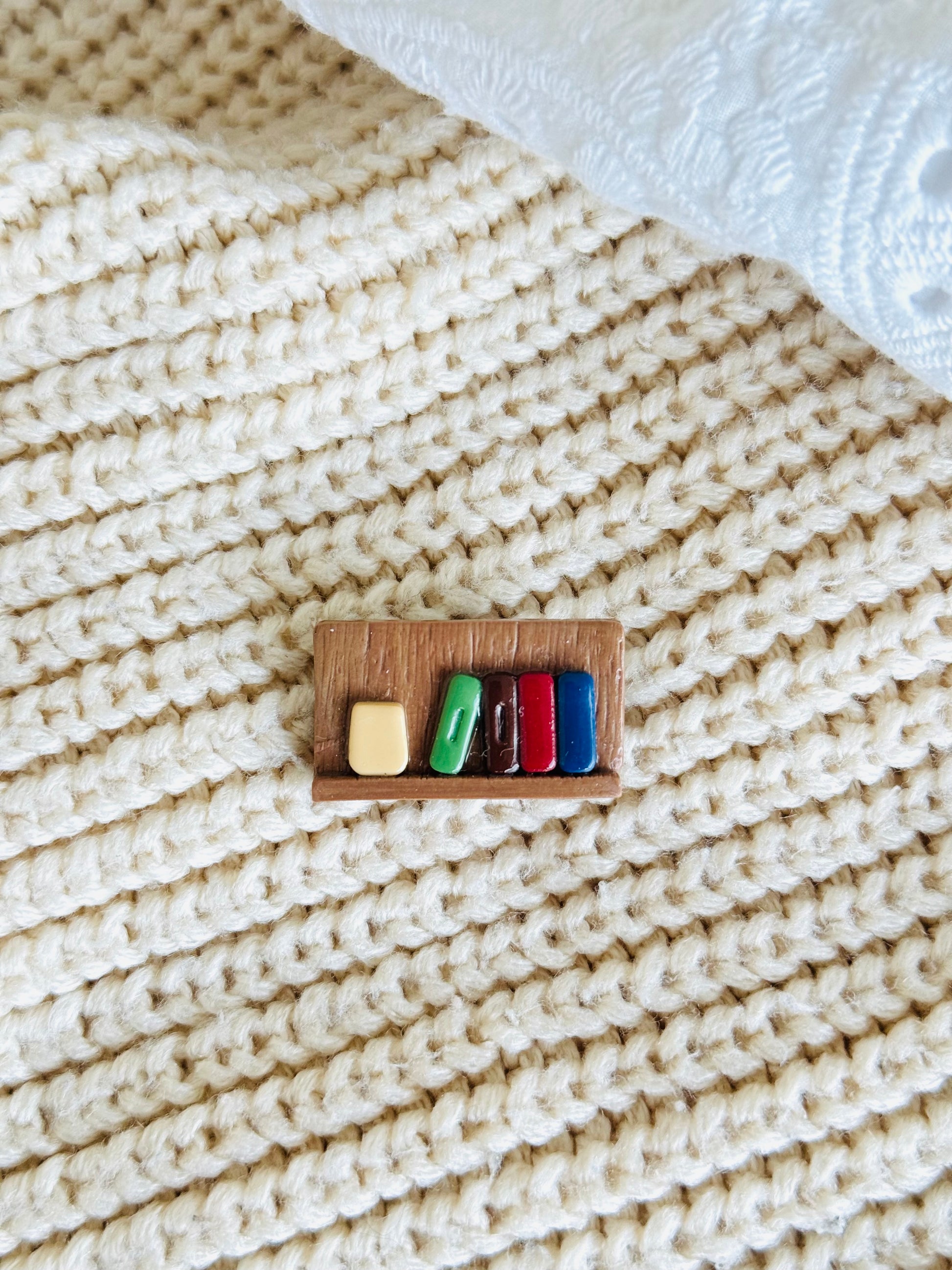 Handmade polymer clay bookshelf brooch, book lover pin NZ