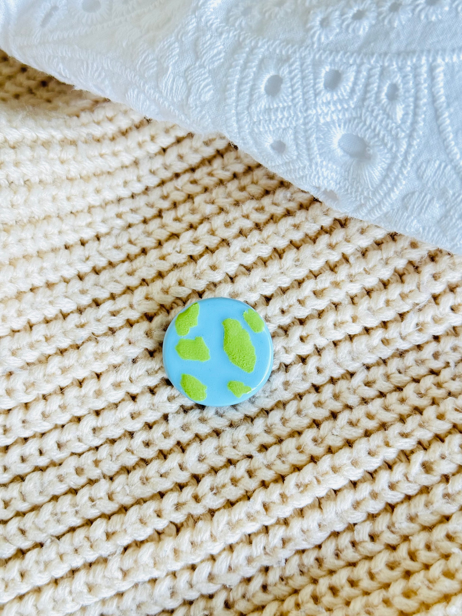 Handmade polymer clay Earth brooch, globe pin for eco and space lovers NZ
