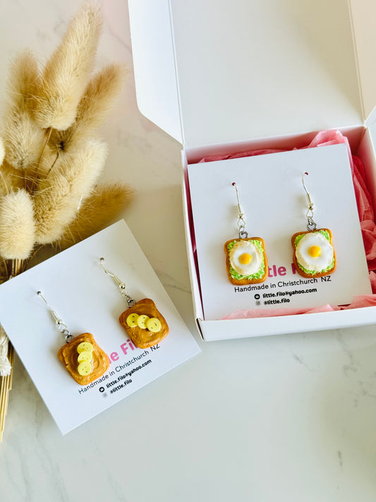 Kawaii toast earrings, polymer clay novelty accessory for food lovers
