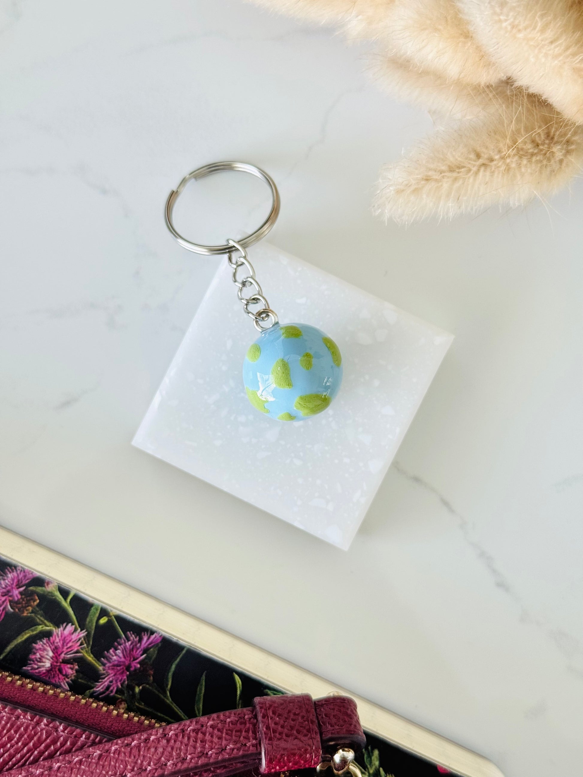 Handmade polymer clay Earth keyring with globe design NZ