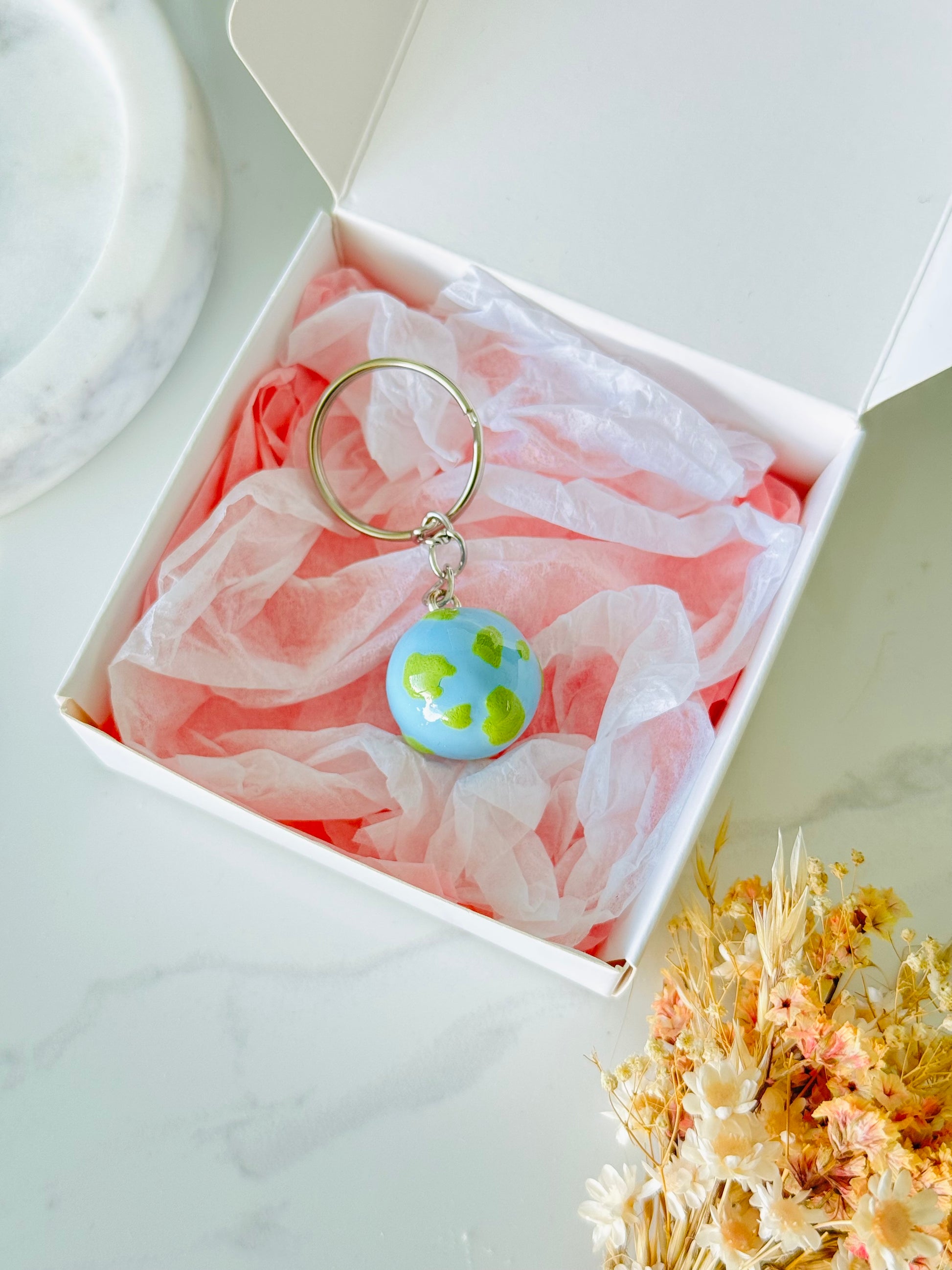 Handmade polymer clay Earth keyring with globe design NZ