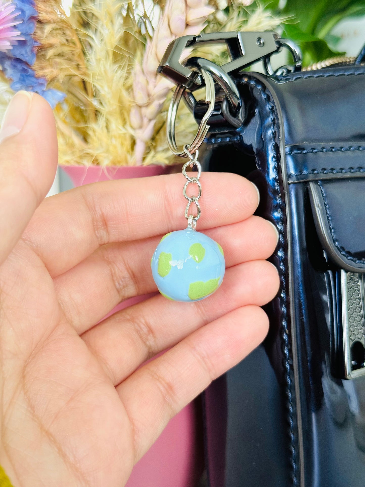 Handmade polymer clay Earth keyring with globe design NZ