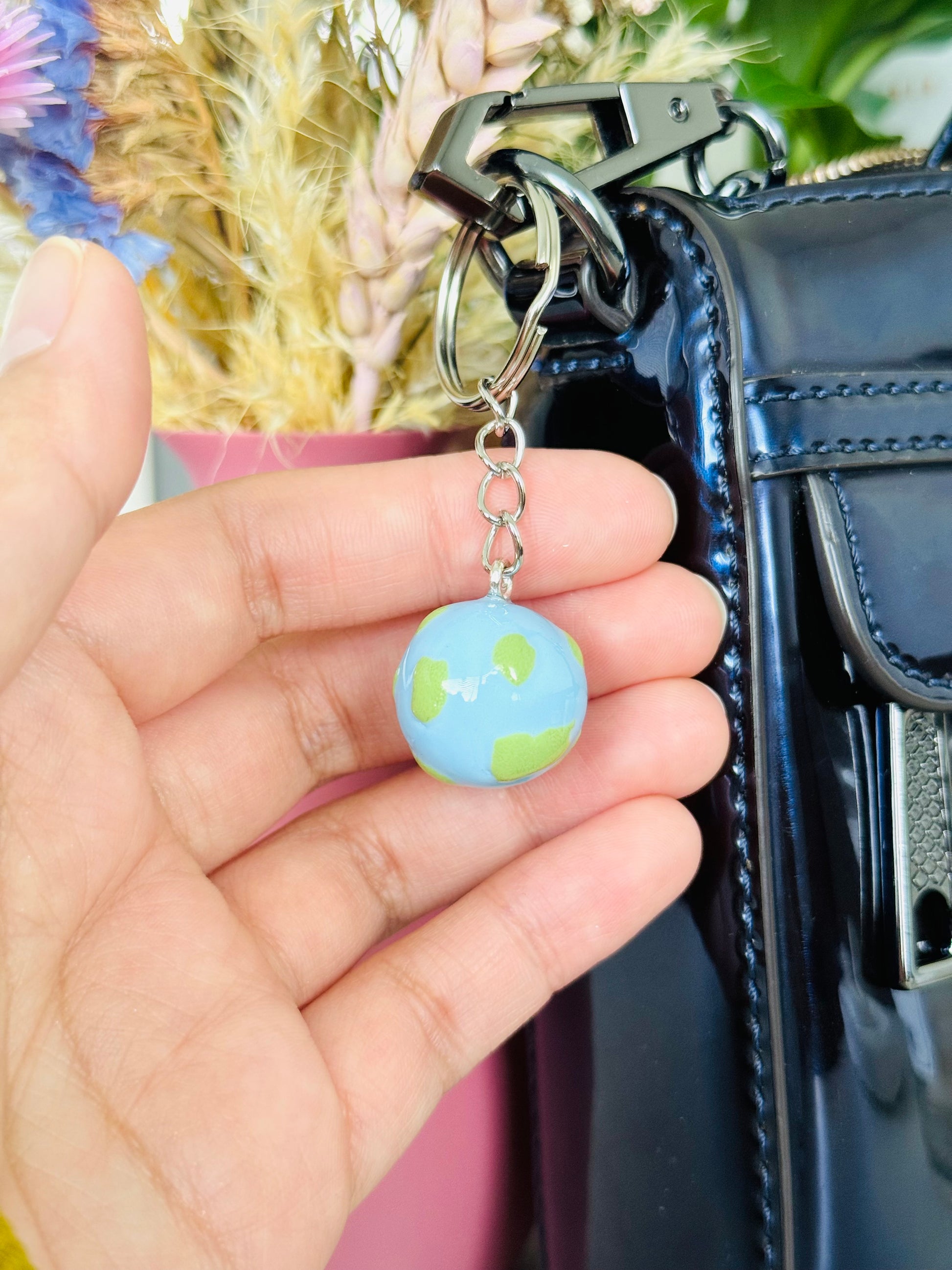 Handmade polymer clay Earth keyring with globe design NZ