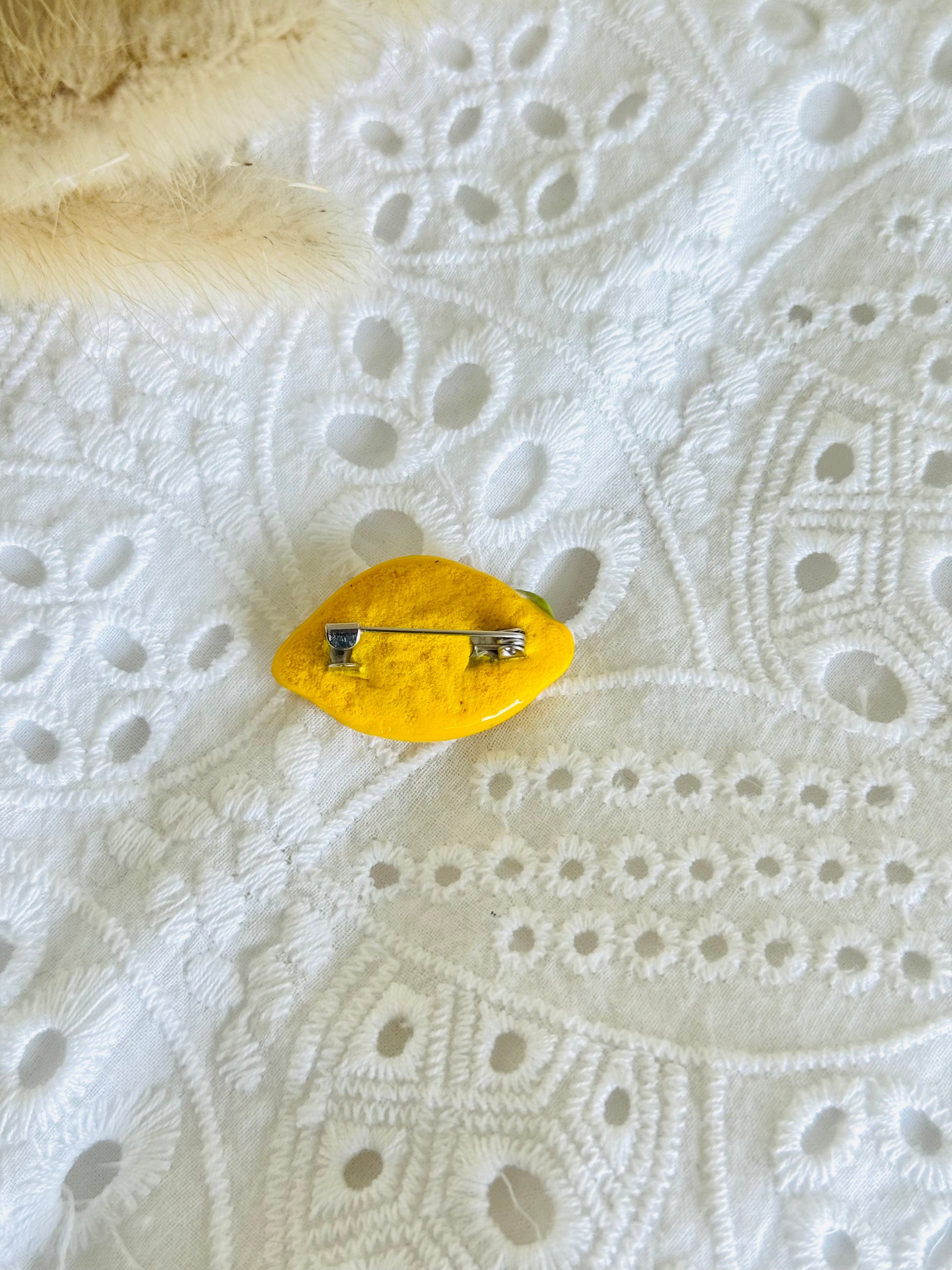 Handmade polymer clay lemon brooch, citrus fruit pin for summer outfits