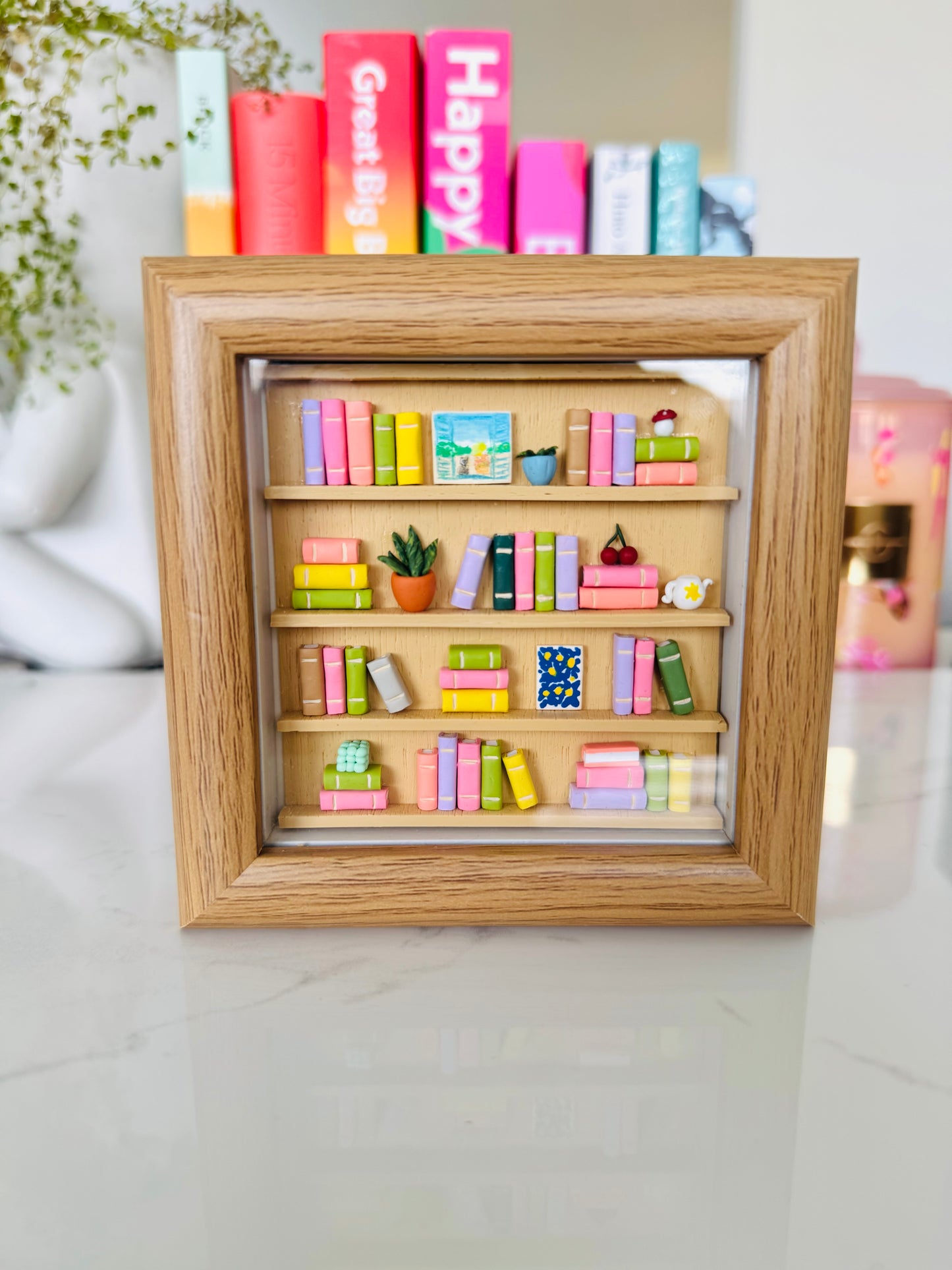 Handmade miniature books polymer clay art framed for wall or desk decor NZ