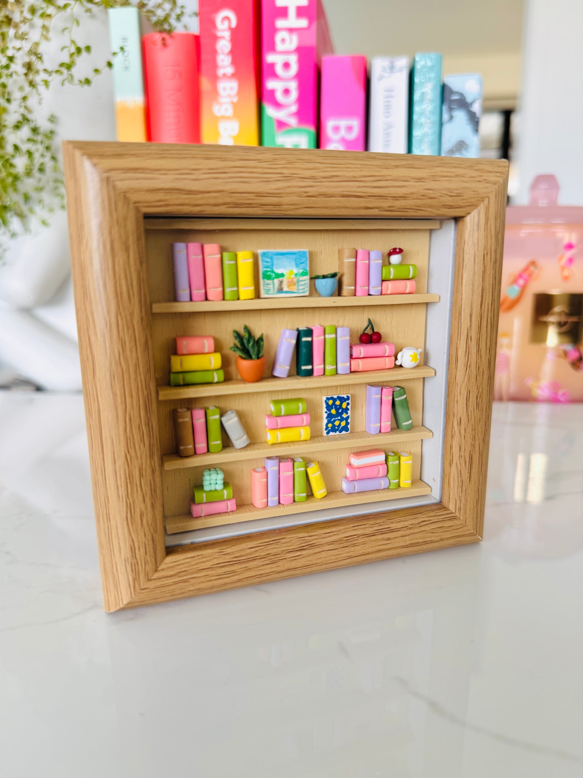 Handmade miniature books polymer clay art framed for wall or desk decor NZ