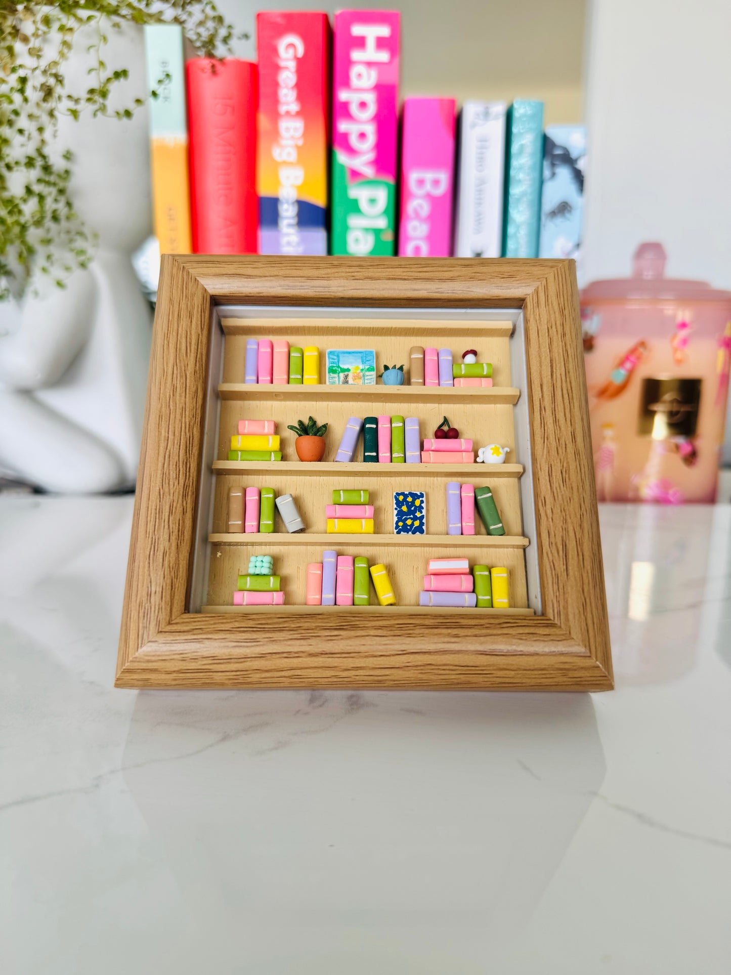 Handmade miniature books polymer clay art framed for wall or desk decor NZ
