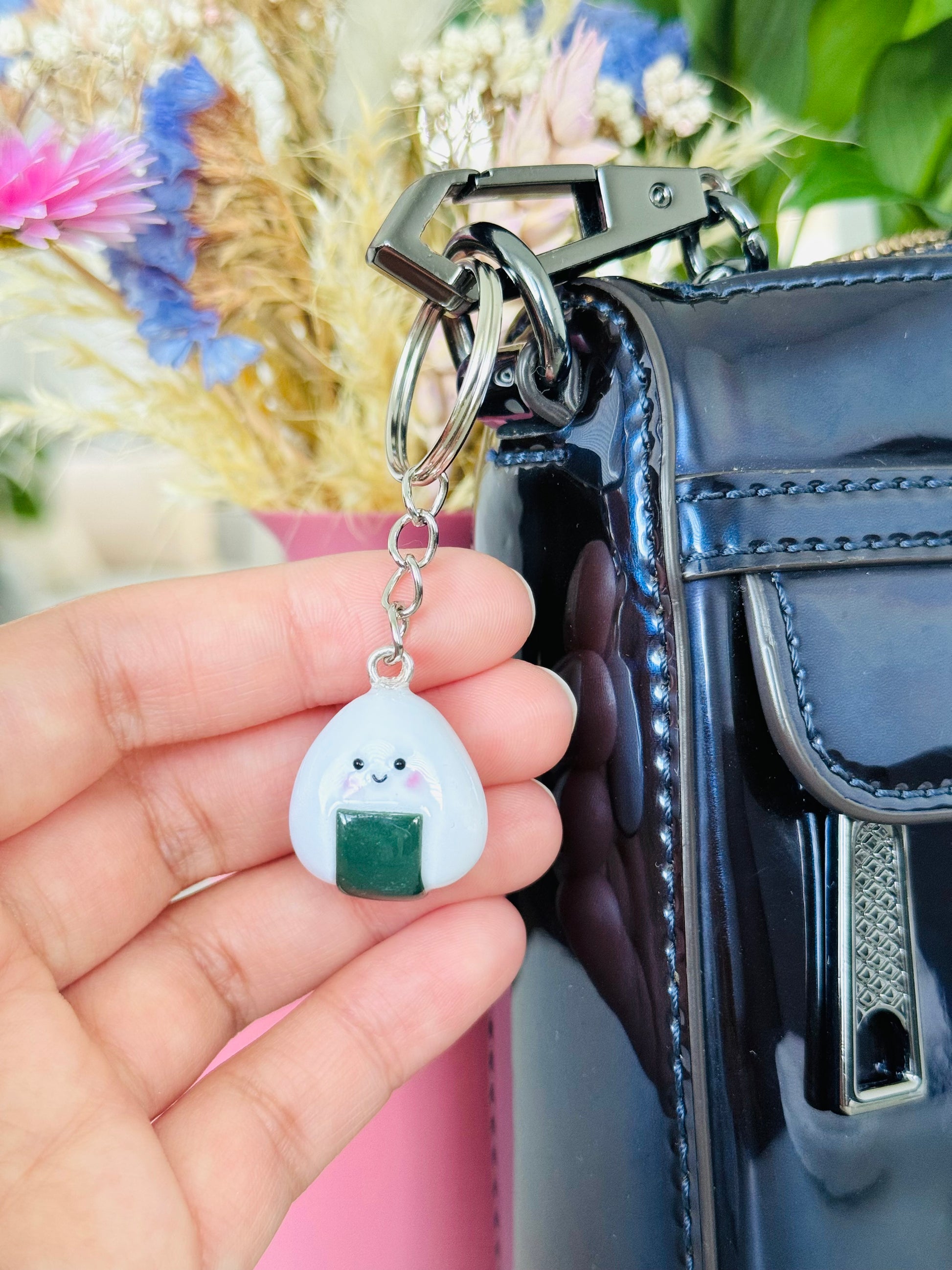 Handmade polymer clay onigiri keyring for keys and bags NZ